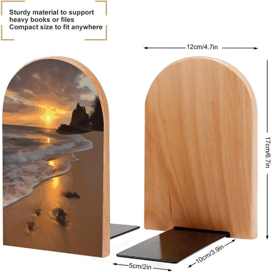 Sunrise Beach Wooden Bookend Non-Slip Book Ends Heavy Duty Book Stopper with Metal Base Books Holderd Decorative Bookends Stands Firmly for Office Supplies
