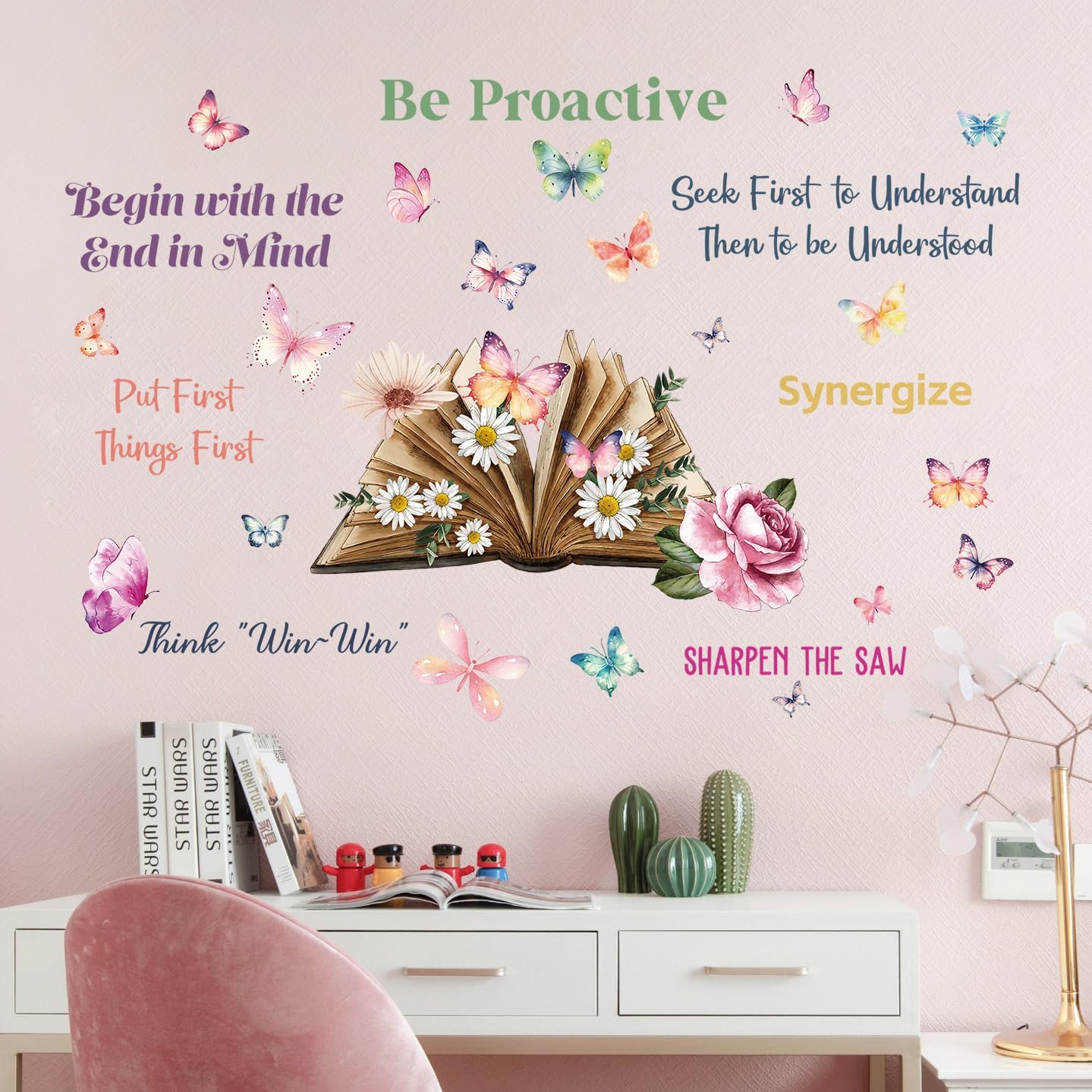 2 Sheets Creative Book Wall Decal - Removable DIY Colorful Flower Butterfly Wall Art with Inspirational Quotes for Girls & Boys Bedroom, Living Room, Bathroom & Study Decor