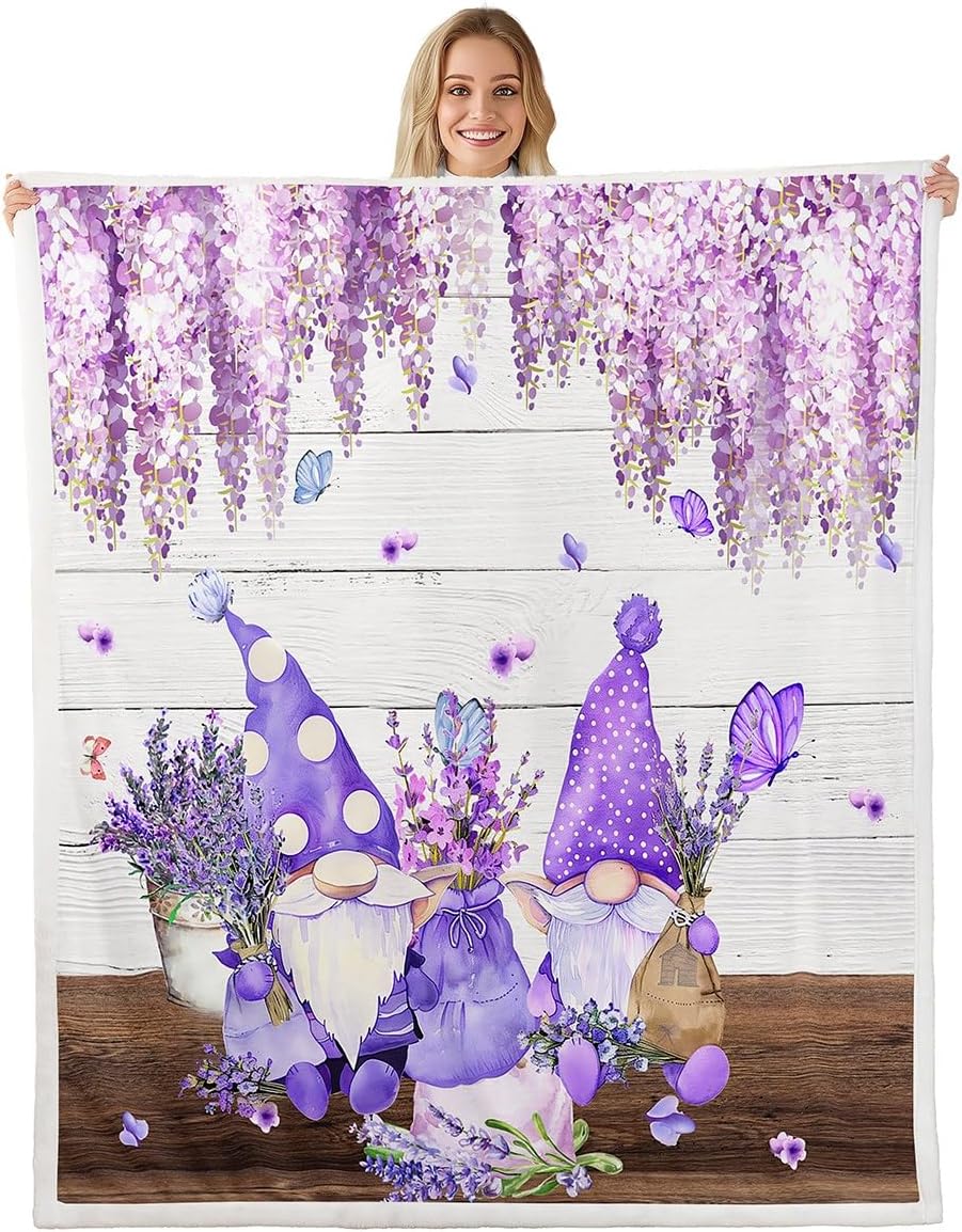 Manfei Cute Gnomes Throw Blanket Purple Vine Flower Butterfly Blanket for Couch Sofa, Lavender Bouquet Bed Blanket for Kids Boys Girls, Soft and Breathable Fleece Blanket(50 x 60 Inches)
