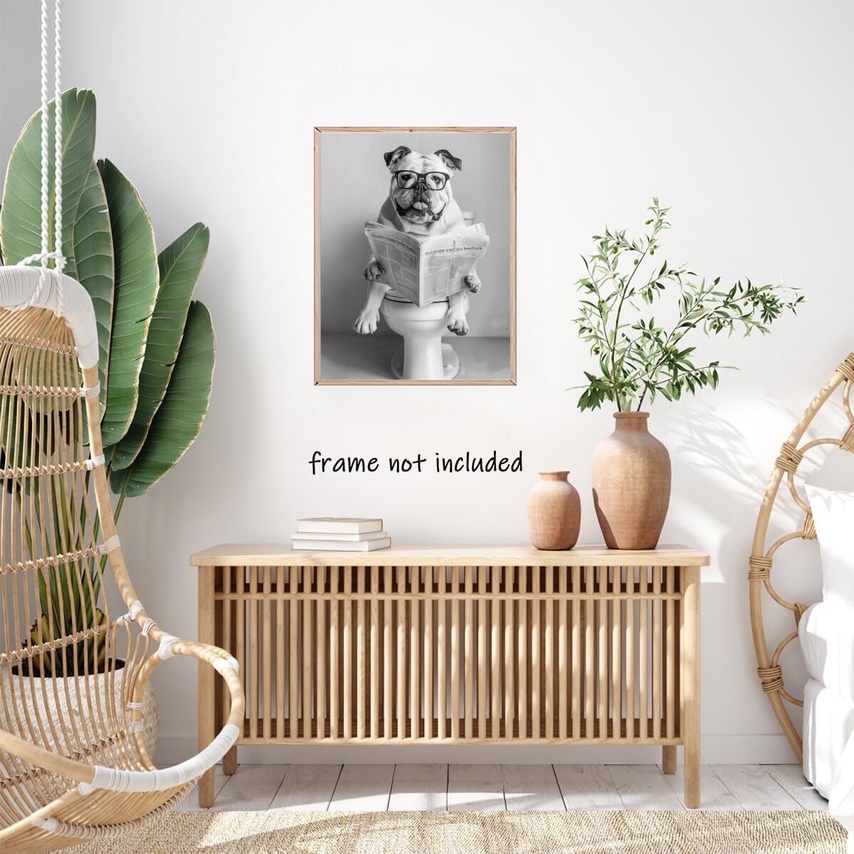 Funny Dog wall art Pitbull Sitting On Toilet Reading Newspaper Black and White Canvas Print Retro Bathroom Aesthetic Posters Pet Decor Bathroom Art Wall decor Unframed12x16inch