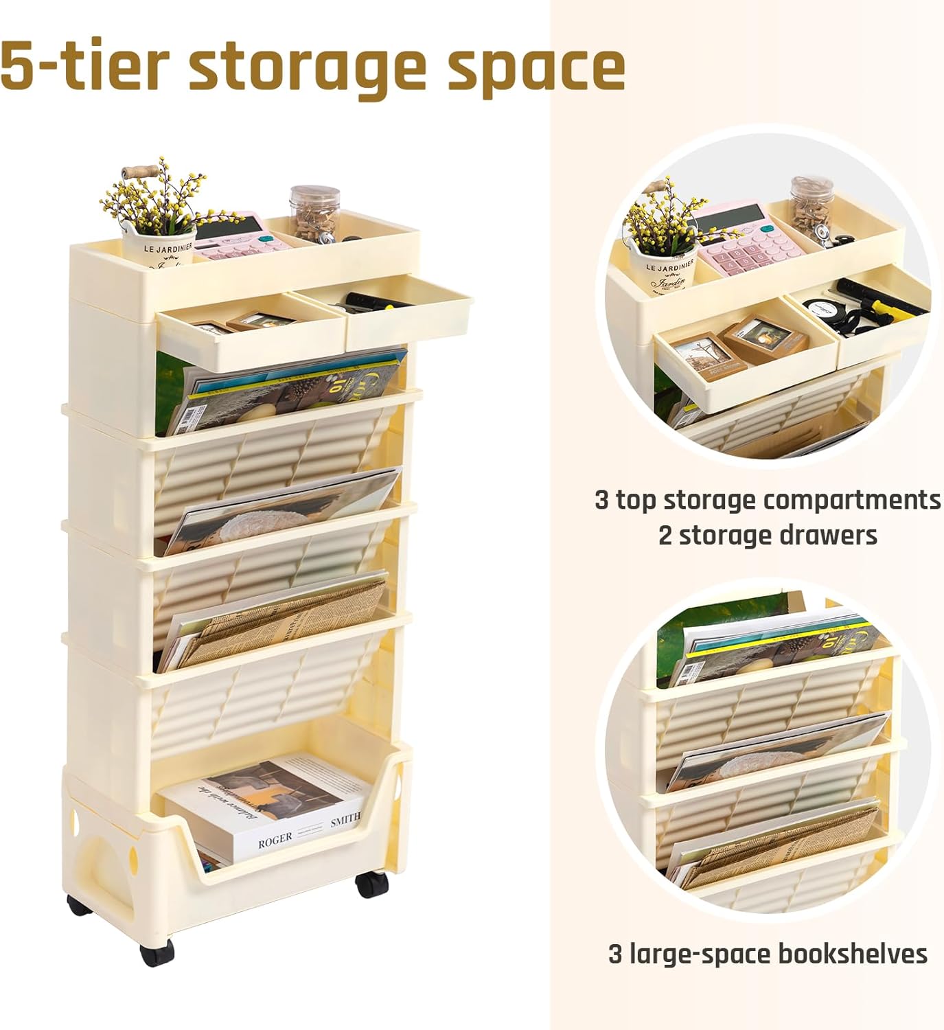 AGTEK 5 Tier Rolling Utility Cart, Book Cart with Wheels, Office Book Carts with Divided Top Shelf for Organizing Books and Supplies in Home, Office, Classroom, Beige