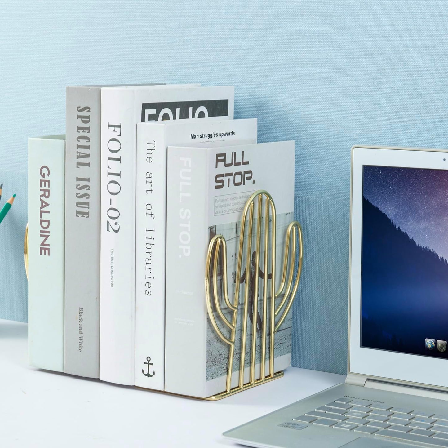 MyGift Modern Brass Tone Bookends, Southwest Desert Style Sagauro Shaped Decorative Book Ends Stands for Home Office Desk School Bookshelf, Metal Wire Cactus Design,1 Pair