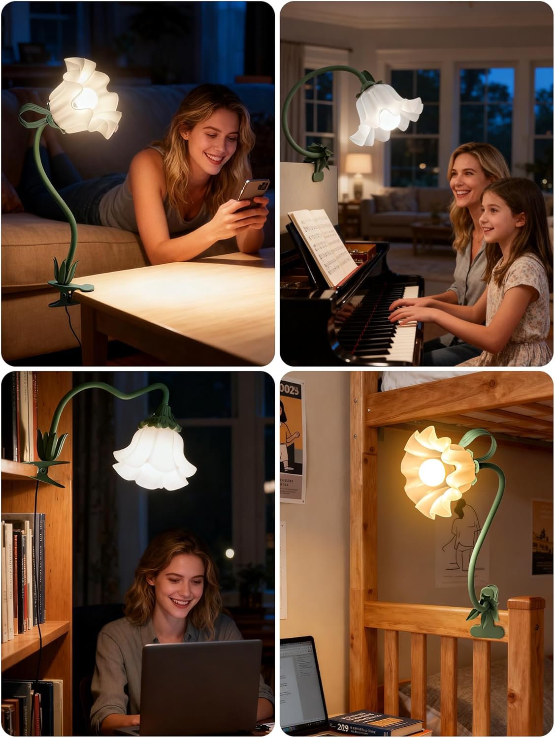 Clip on Light Flower Desk Lamp, LED Reading Light 3 Color Modes Eye-Caring Book Light Flexible Gooseneck Bedside Clip on Lamp for Desk Piano Office Bed Headboard Dorm (Green Lamp)