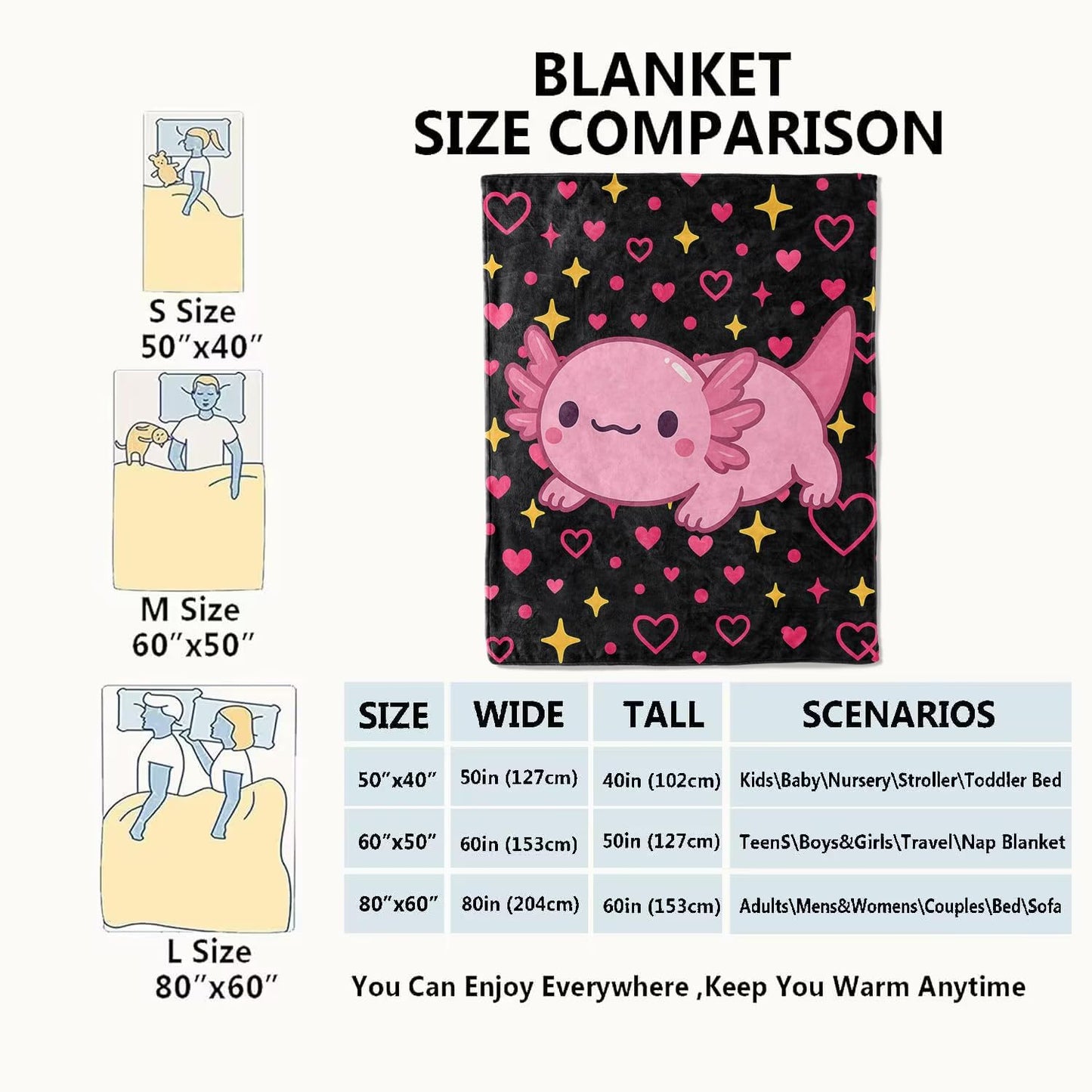 Cute Axolotl Blanket,60x80in,Pink Animal with Heart and Star on Black Background Throw Blankets,Gifts for Kids Girls Women, Lightweight Soft Fleece Cozy,for Sofa Couch Bed Room Travel Decor