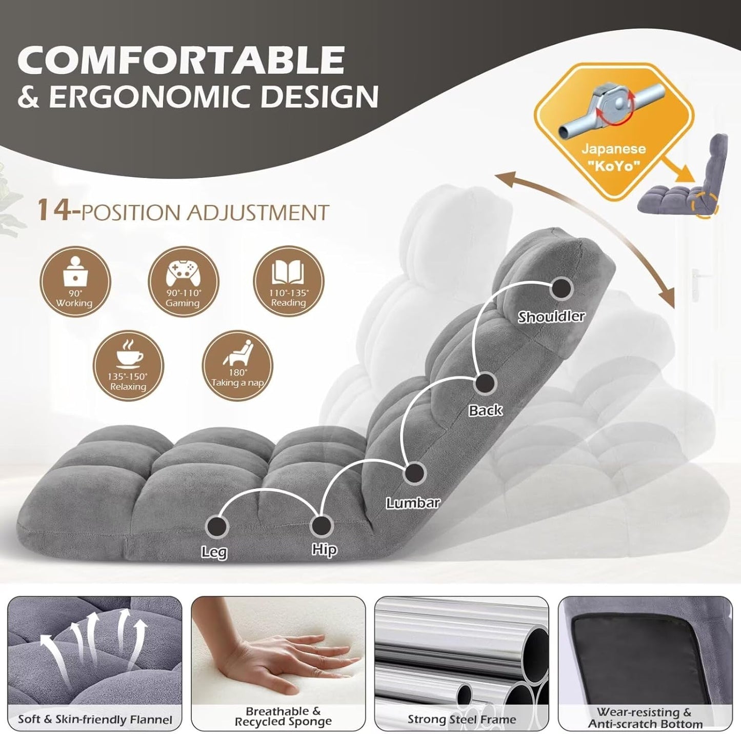 Folding Floor Gaming Chair 14-Poistion Cushioned Adjustable Floor Lazy Sofa Chair w/Breathable Cotton & Skin-Friendly Coral Velve for Adults & Kids Perfect for Reading Gaming Meditating, Grey