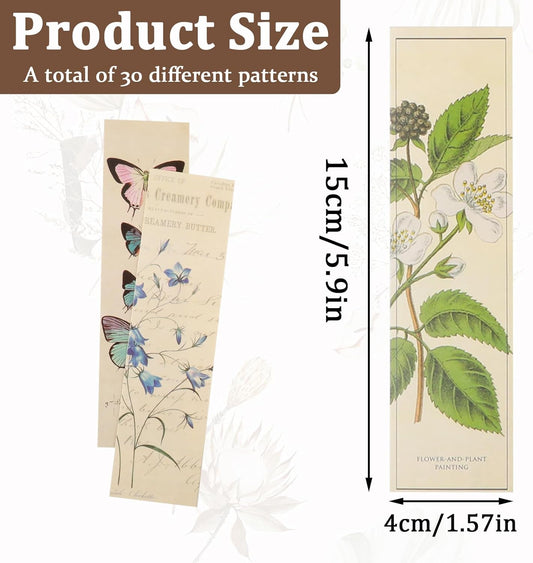 30 Pcs Vintage Bookmarks Aesthetic Cute Pretty Paper Bookmarks for Book Lovers Butterfly Flower Plant Bookmark for Women Elegant Pattern Book Markers for Reading Fantasy Natural Style Book Accessories