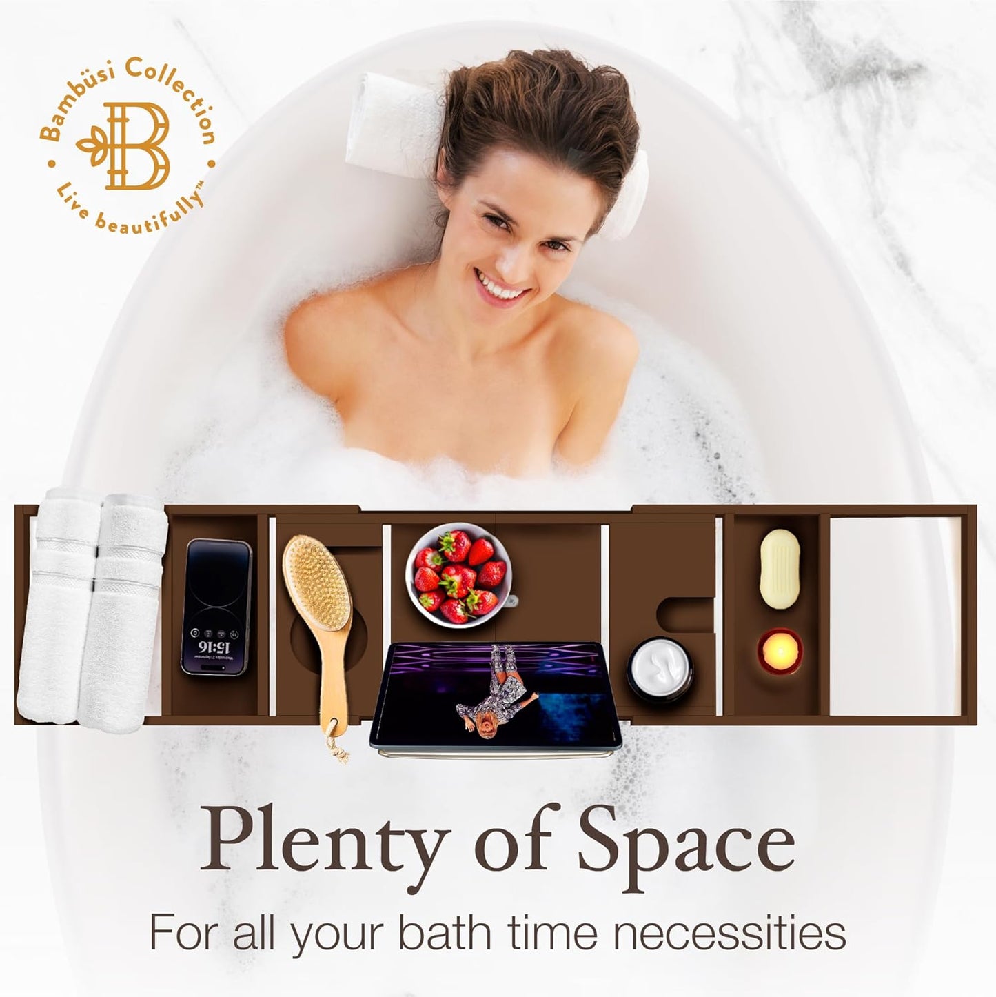 Wooden Bathtub Tray - Foldable & Expandable Bamboo Bath Tray for Tub with Wine Holder, Book & Tablet Stand - Bath Caddy Tray for Bathtub, Spa Bath Accessories, Tub Tray Table, (Brown)