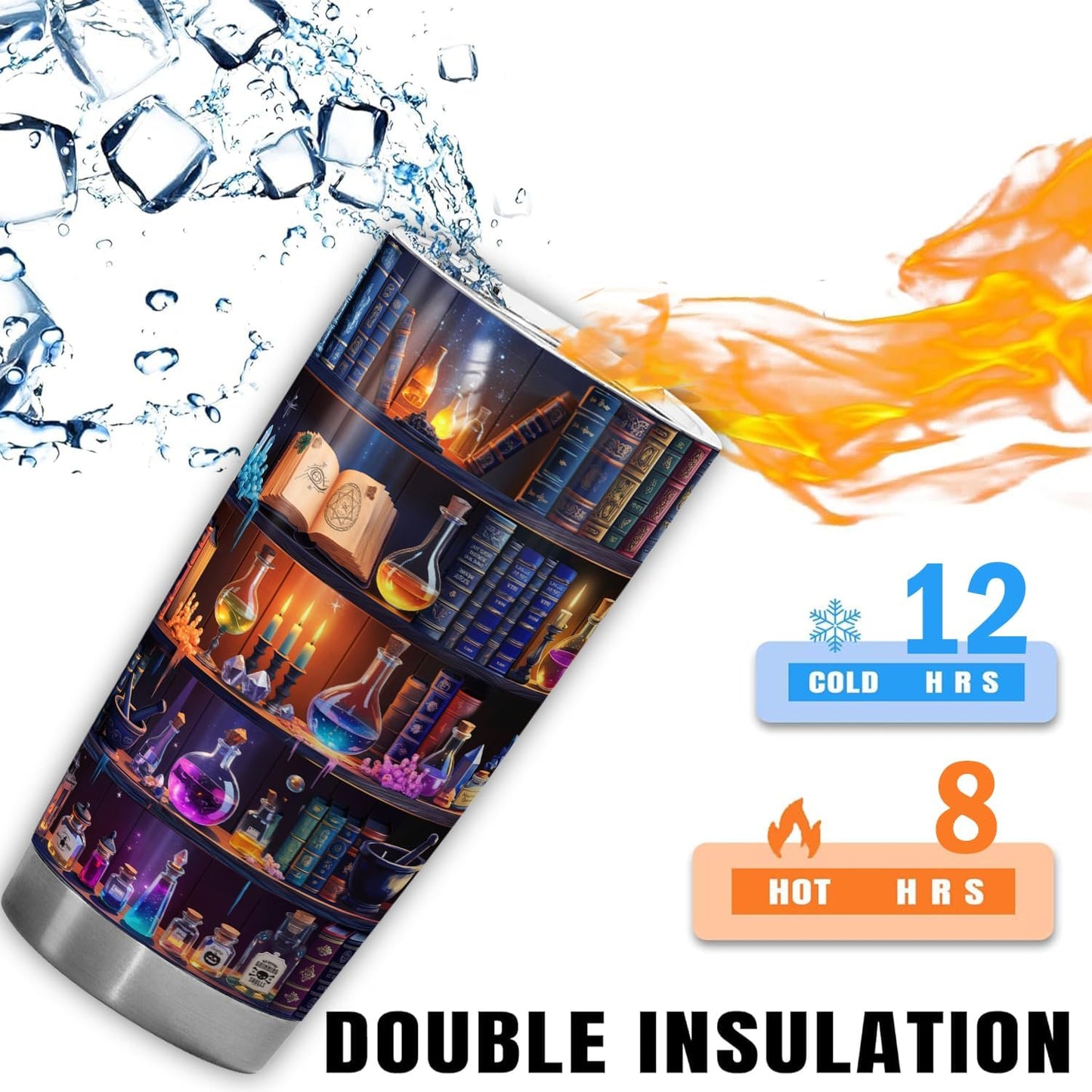 Book Lovers 20oz Stainless Steel Tumbler – Colorful Bookshelf Design Cup – Insulated Travel Mug with Lid – Gift for Readers, Fantasy Lovers, Halloween, Christmas