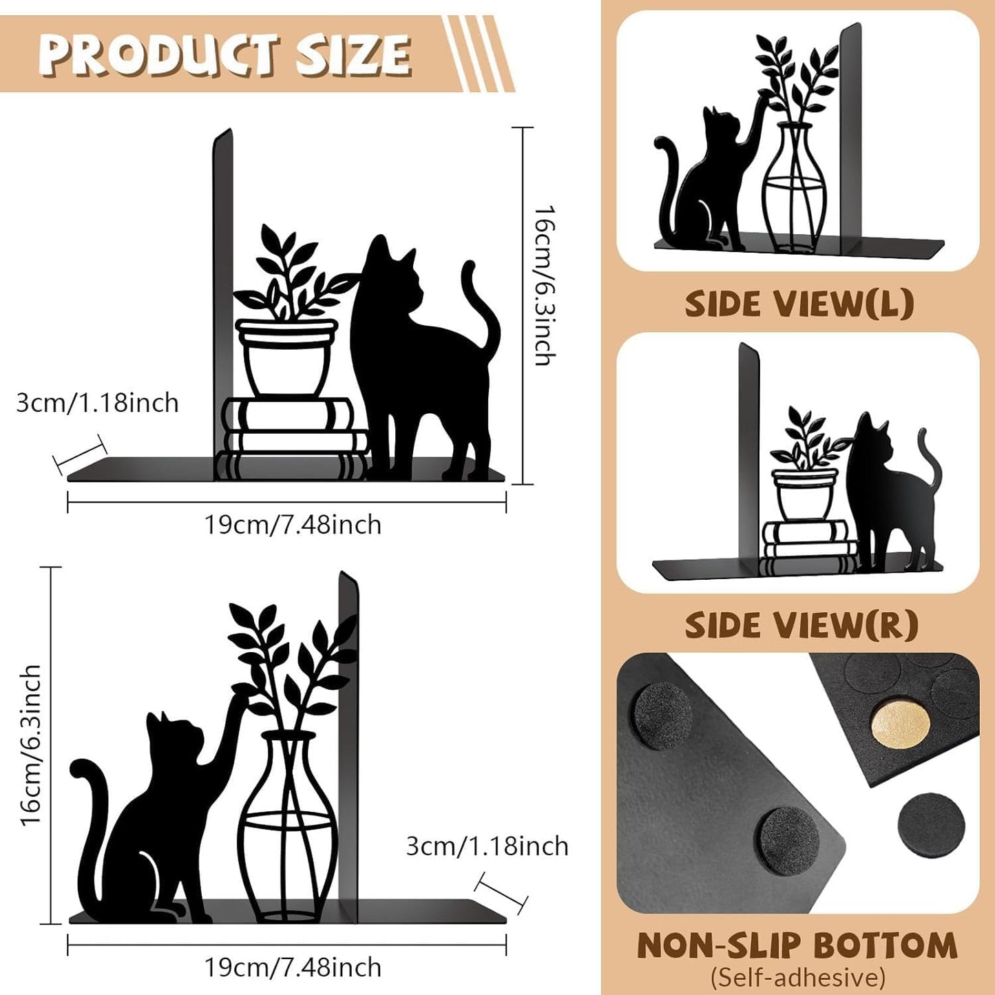 Cat Metal Bookends Decorative Book Holders for Home Office School Library Desk Shelf Reading Decor Gift for Cat Lovers and Reading Enthusiasts
