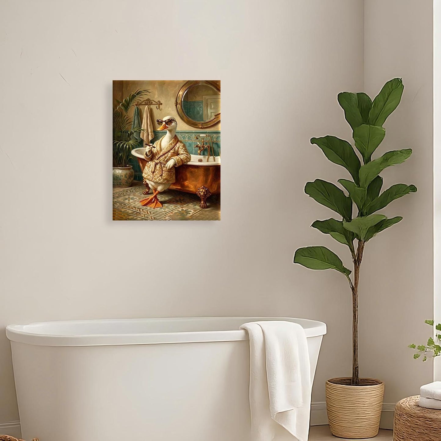 JMBHWD Cute Duck Goose Bathroom Canvas Wall Art Whimsical Animal Quirky Duck in Robe Themed Poster Paintings Prints Artwork Wall Decor for Nursery Kids Room Humorous Decor 8x10inch