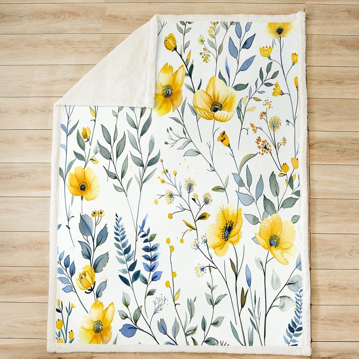 Feelyou Yellow Floral Sherpa Blanket Gift for Women Fleece Throw Blanket Garden Flower Plush Blanket for Bed Sofa Couch Botanical Fuzzy Blanket Girls Bedroom Decor Queen 90"x90"