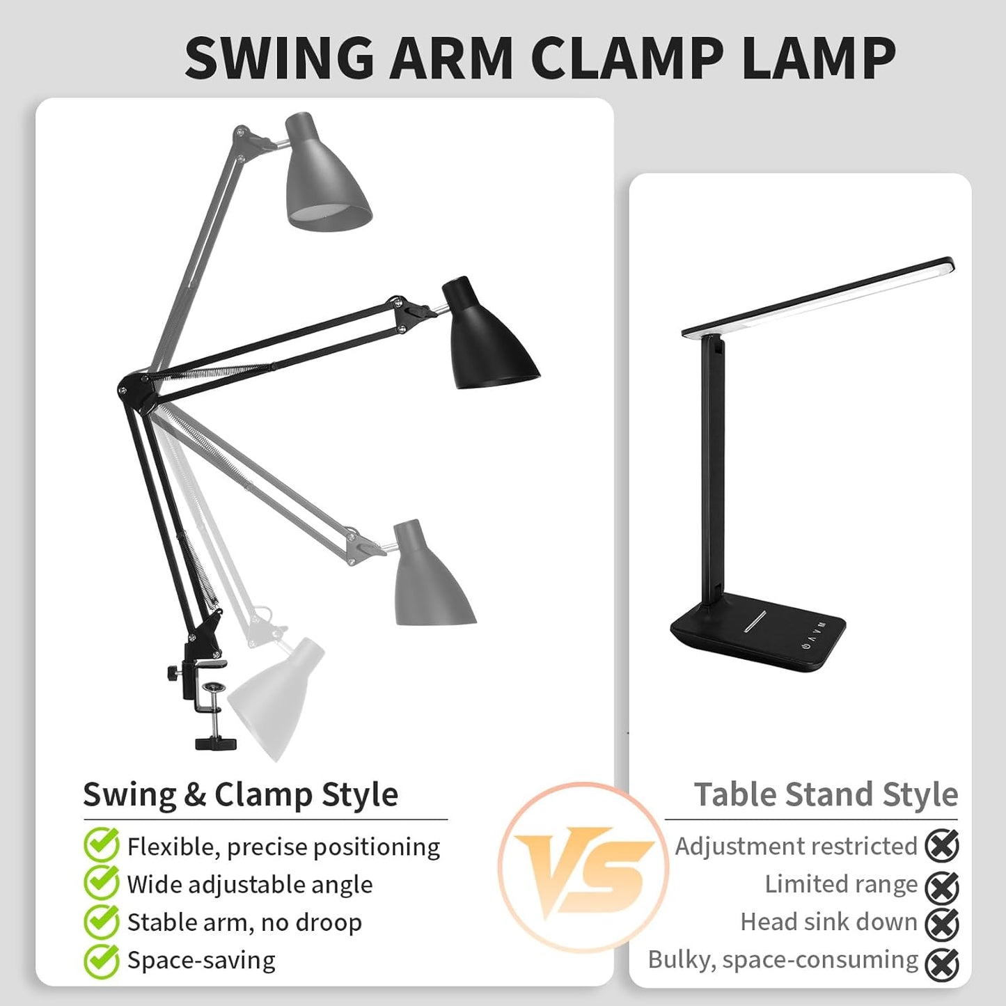 Led Desk Lamp for Home Office - Adjustable Gooseneck Table Stand with Clamp 5 Color Modes and 10 Brightness for Architect Puzzle Light Reading Craft Computer Work Study Sewing(Black)