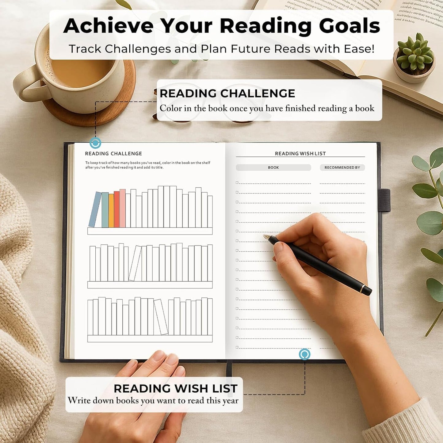 JXSELECT Elegant Reading Journal - 60 Book Reviews Logbook with Pen Holder & Back Pocket - Track Your Reading Progress - Ideal Gift for Book Lovers & Avid Readers (Grey)