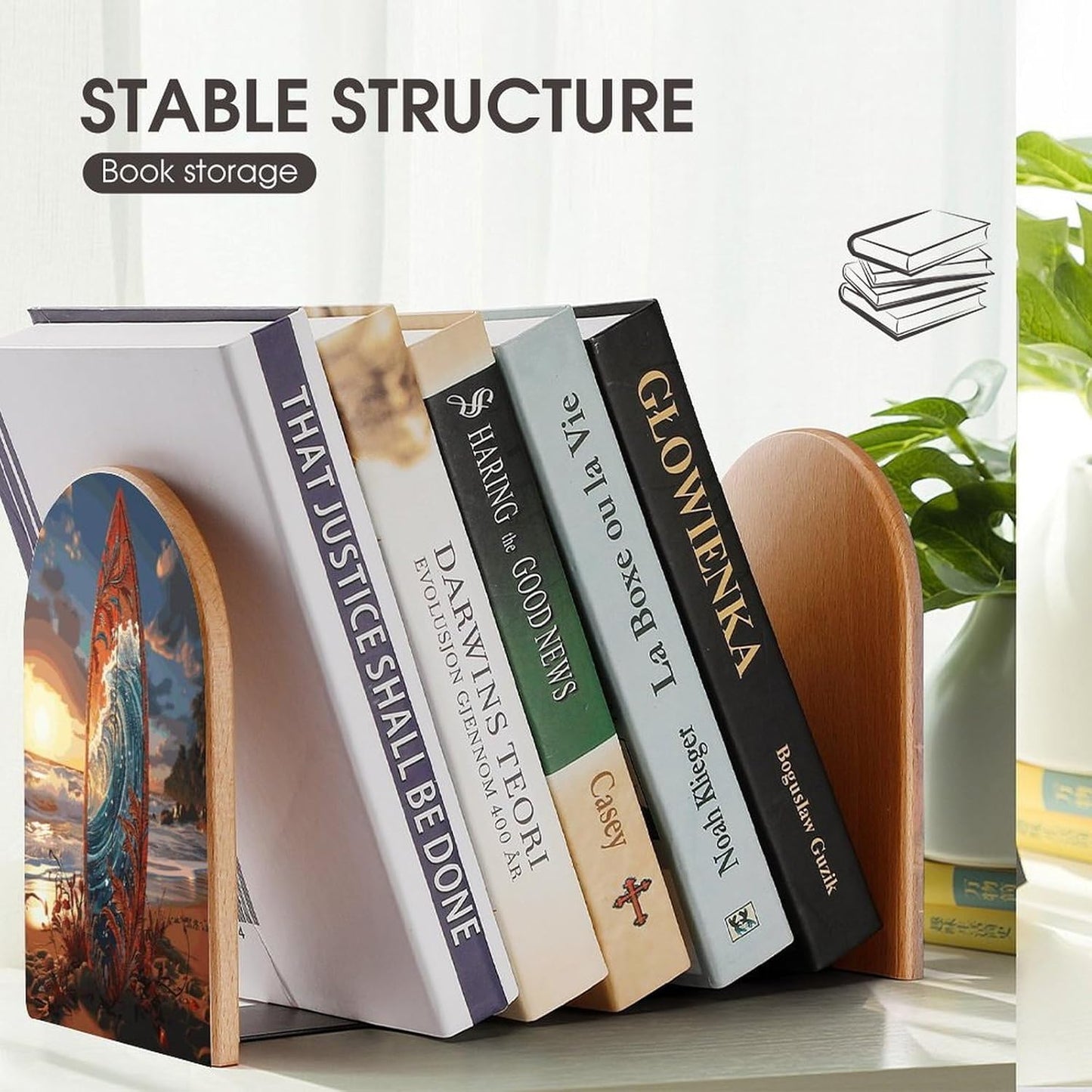 Colorful Surfboard Bookend for Shelves Wooden Book End Large Size Sturdy Book Holders Stoppers with Metal Base for Bookshelves Slick Decorative Bookends Stands