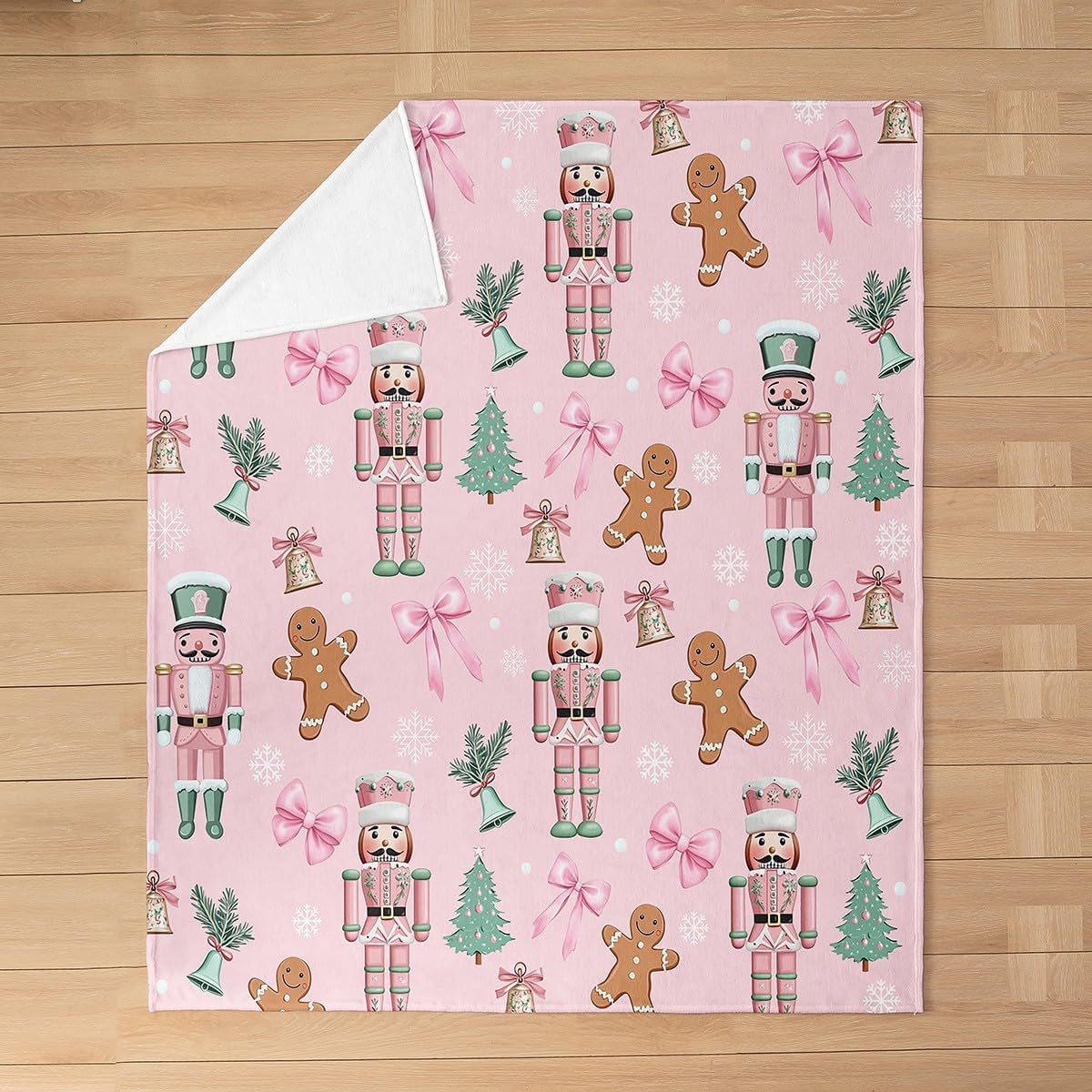 Pink Nutcracker Flannel Blanket,Kawaii Bowknot Cute Gingerbread Bed Blanket for Girls Women,Christmas Tree Snowflake Fleece Blanket,Princess Dreamy Fuzzy Blanket,Throw Size (50 x 60 Inches)