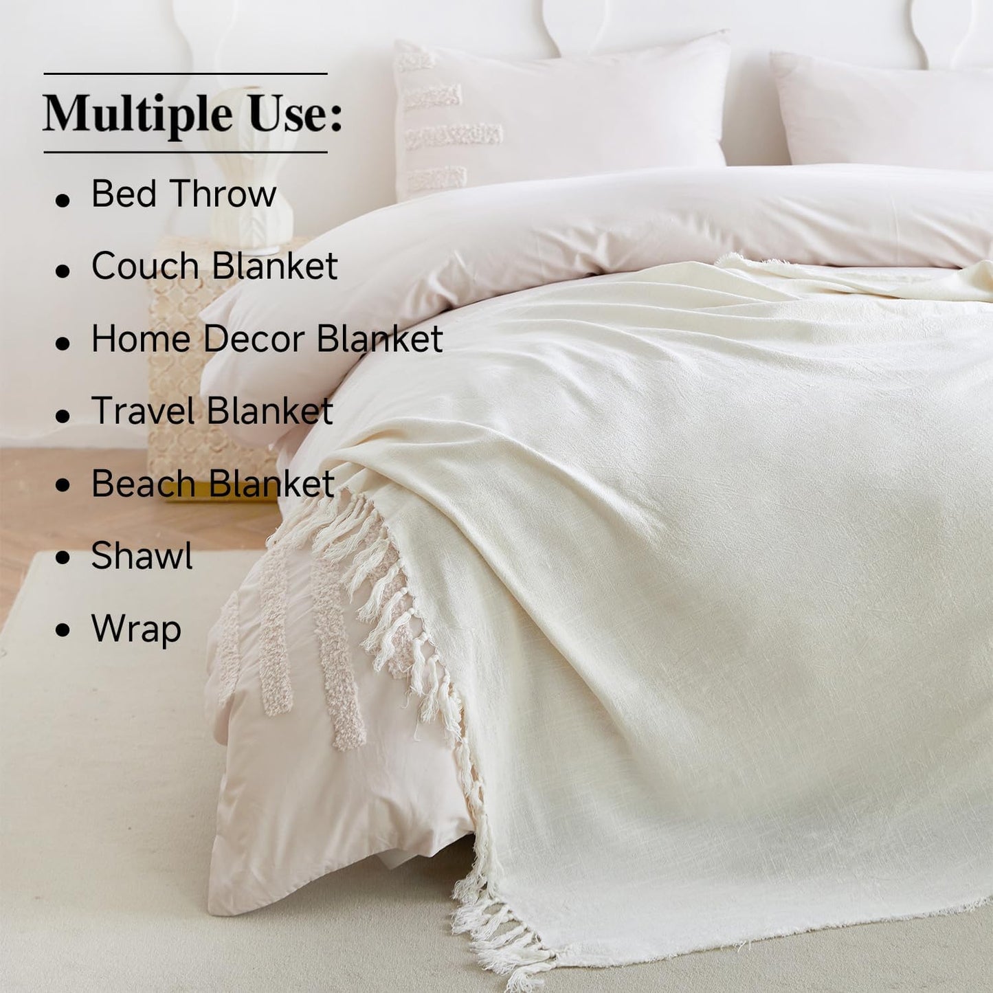 Simple&Opulence Boho Fringed Linen Throw Blanket for Bed, Couch, 50”x70” Pre-Washed Vintage Decorative Woven Blanket with Tassels, Breathable Durable Cozy Farmhouse for All Seasons (Ivory)