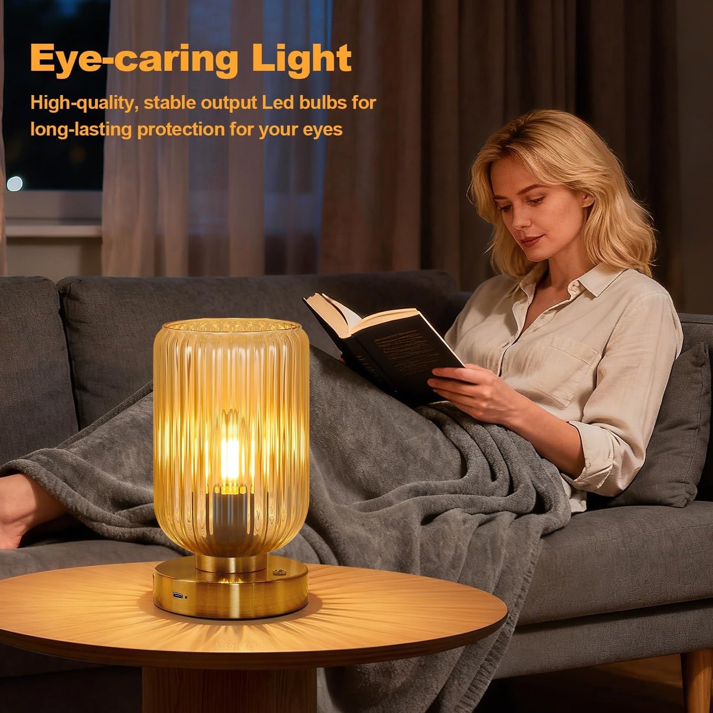 Table Lamp for Bedroom, Cordless Small Bedside Lamp, Touch Dimmable Rechargeable Lamp Battery Operated with Amber Glass Shades for Night Stands, Living Room, Desk, Bulb Included