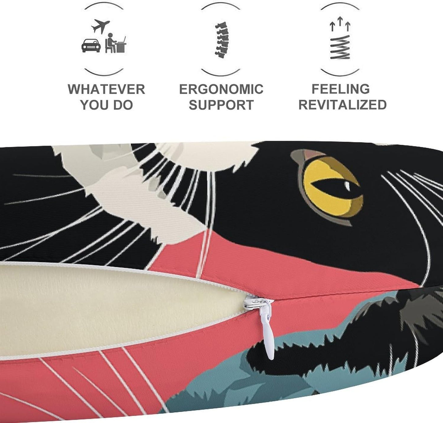 Black and White Cat Neck Pillow Memory Foam U Shaped Pillows Portable Pillows for Shoulder Travel Head Support Pillow with Concealed Zipper for Airplane Car Home Office