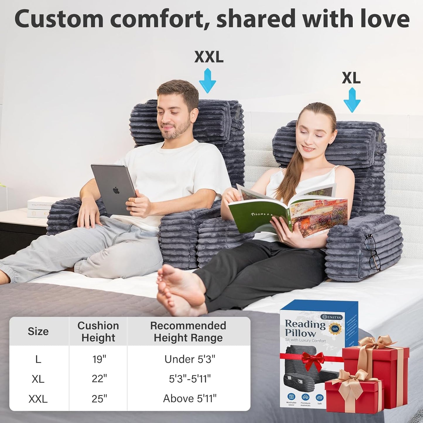 Back Pillow for Bed Sitting Up — 22" XL with Armrests, Big Pockets, Soft Support Chair (Dark Grey)