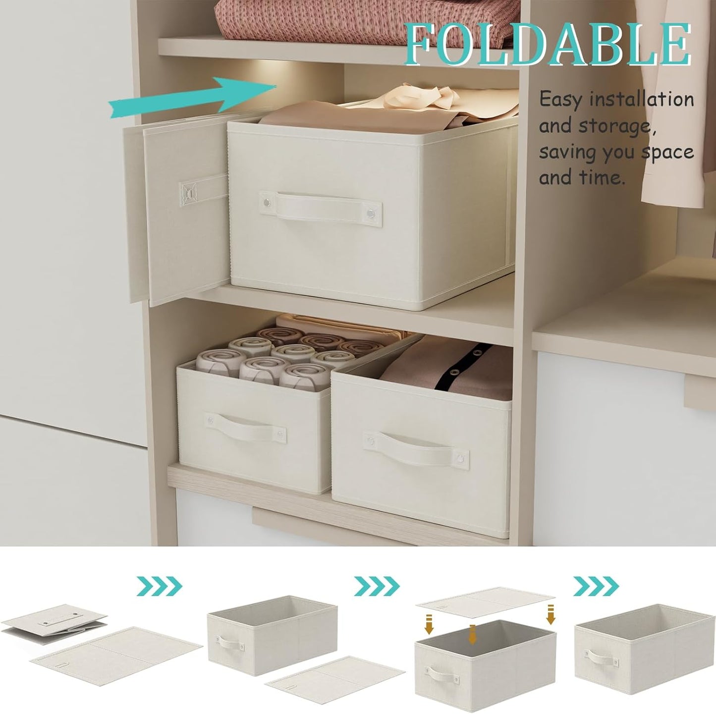 Foldable Closet Organizer, 3 Pack Cube Storage Bin, Clothes Basket for Shelves with 2 Handles, Saving Space, Beige, 18.5 x 11 x 7.9 In, XSNY11BEL-3