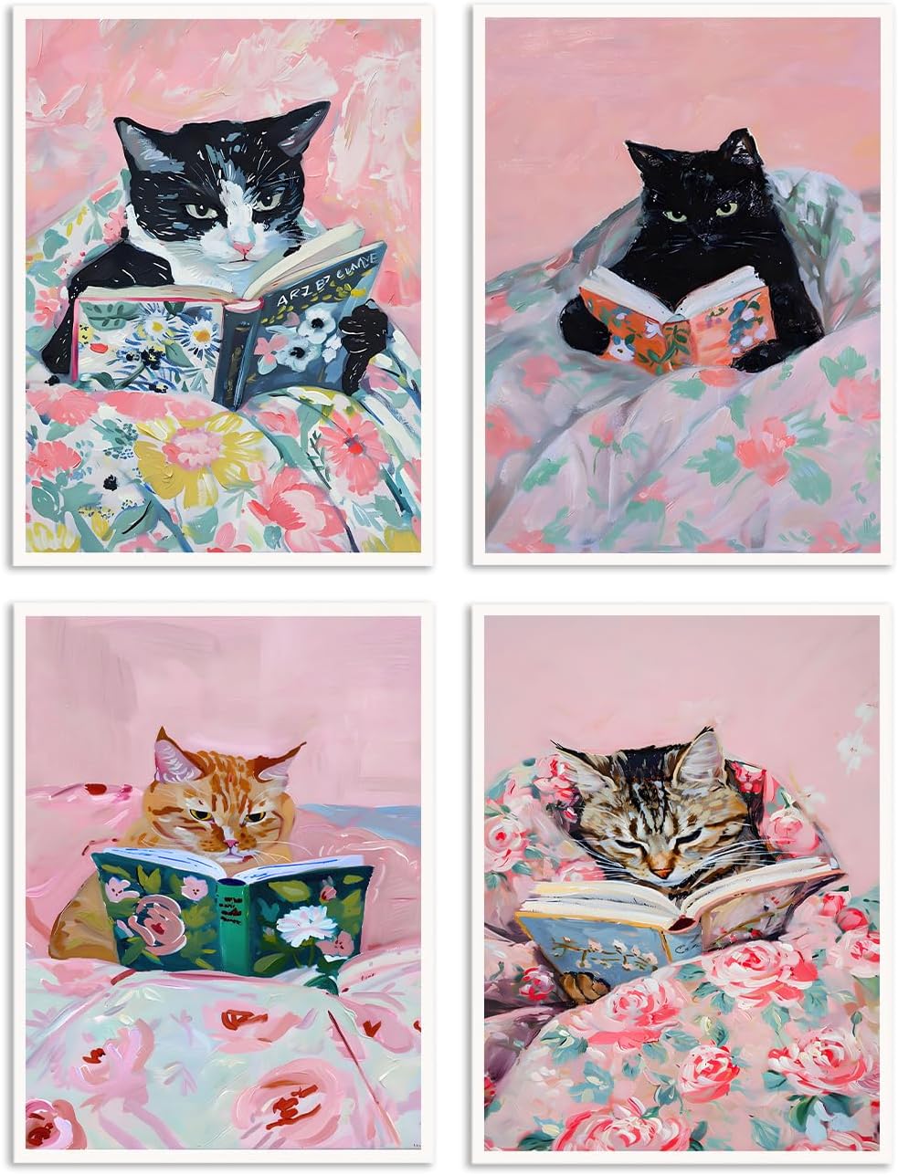 Dazzlewall 4Pcs Funny Cat Reading Book Wall Art Posters, Vintage Cat Aesthetic Art Prints for Nursery Girls Bedroom Study Room Decor 8x10 in Unframed