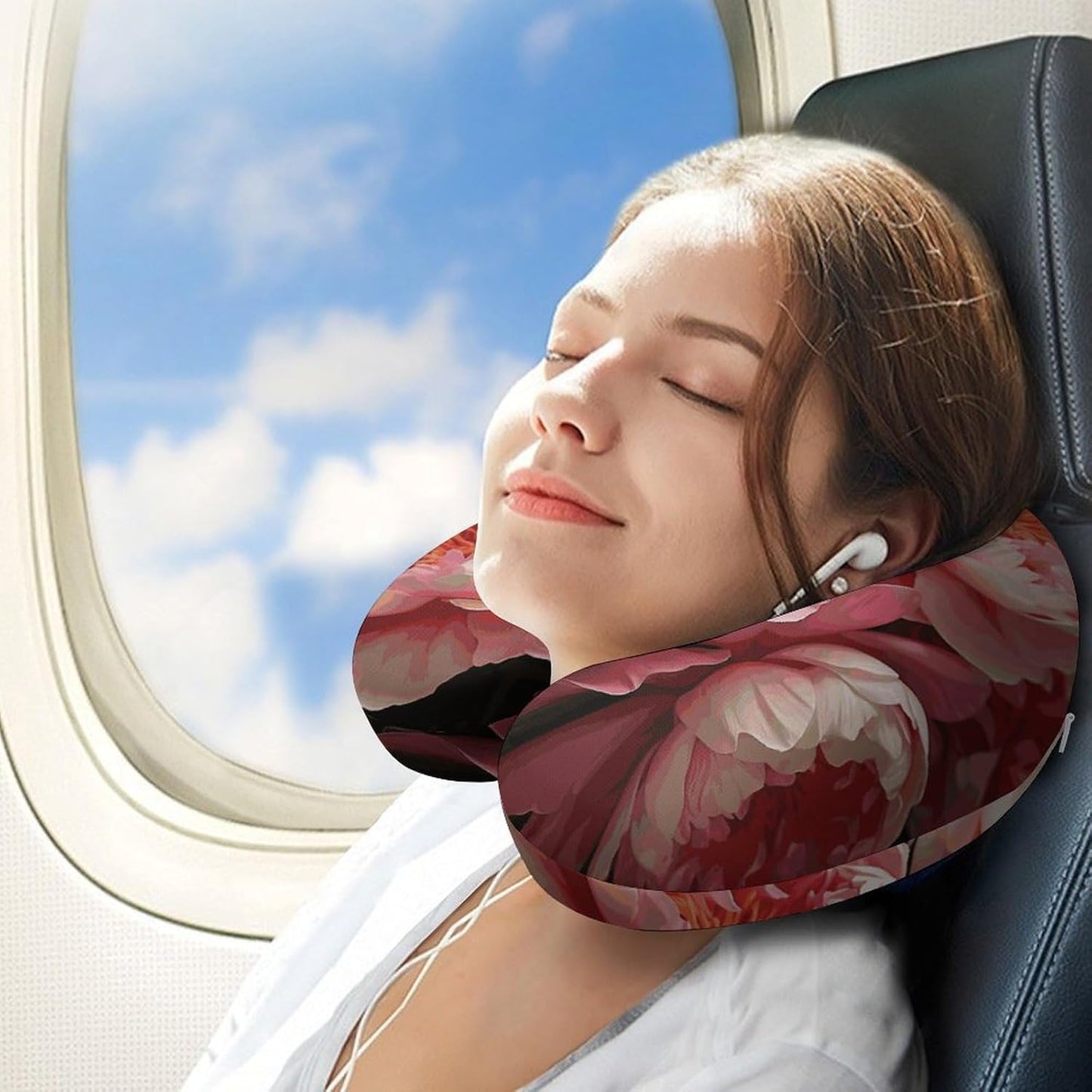 Peony Flowers Blossom Neck Pillow Memory Foam U Shaped Pillows Portable Pillows for Shoulder Travel Head Support Pillow with Concealed Zipper for Airplane Car Home Office