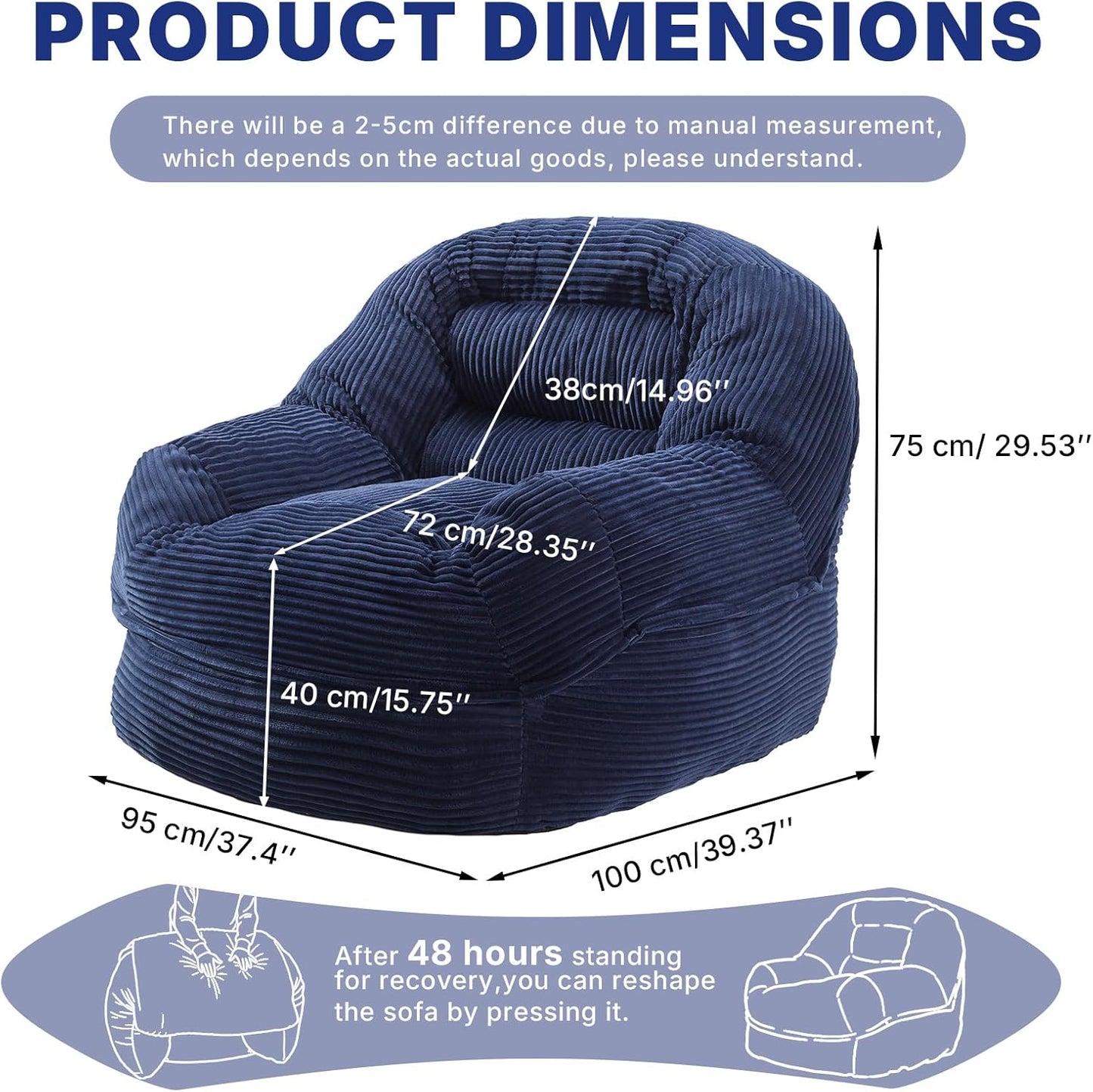 Giant Bean Bag Chair for Adults and Teens, Corduroy Large Bean Bag Chairs with Armrests, Adult BeanBag Sofa Couch Chairs with Filler, Comfy Reading Chair Floor Sofa for Gaming, Napping
