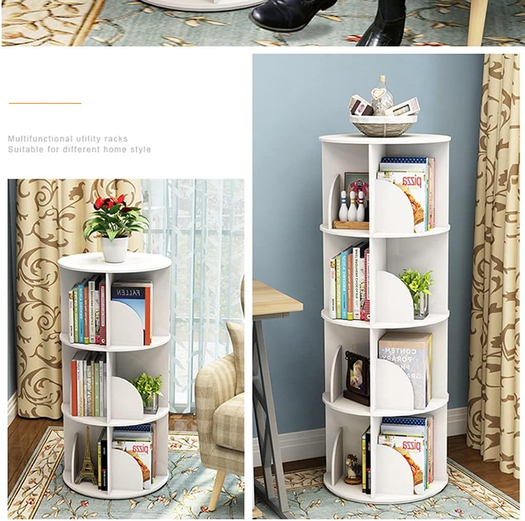 4-Tier White 360° Rotating Corner Bookshelf - Stylish Round Bookcase for Living Room & Library, Space-Saving Floor Shelf, Modern Home Decor Furniture