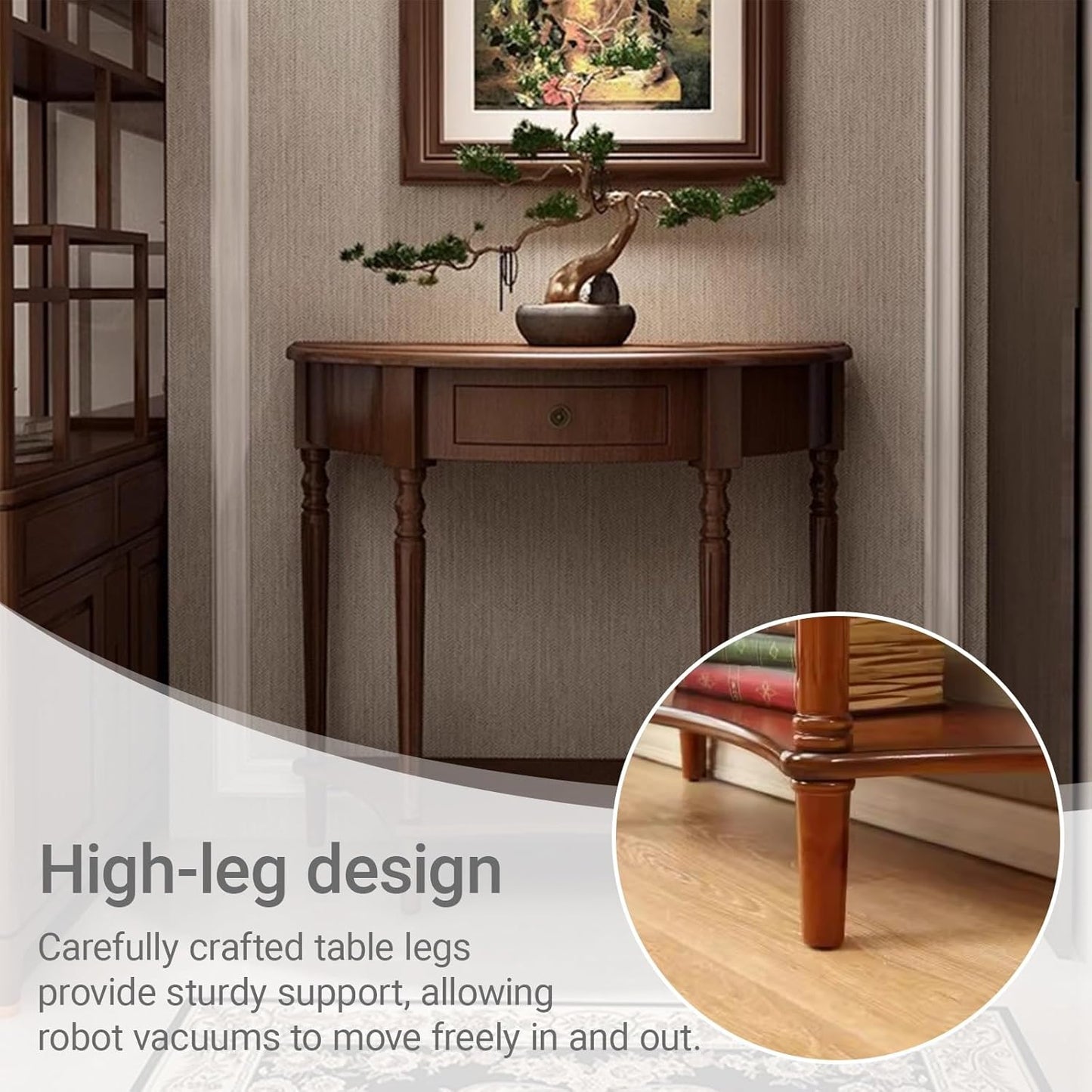 Half Moon Console Table,Solid Wood Console Tables for Entryway,Rounded corners, drawer design,with Storage Shelf,Roman column legs,for Living Room, Entrance, Hallway.(Dark Walnut,23.6*11.8*31.5in)
