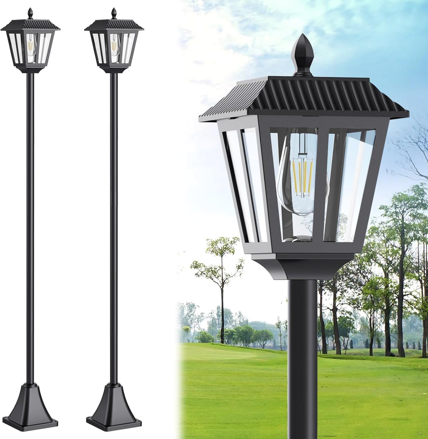 68" Solar Lamp Post Light Outdoor - 3000K Warm White, IP45 Waterproof Post Solar Lights Outdoor, Pole Lights Decorative Lamp for Yard Garden Patio Lawn Pathway Driveway Front/Back Door (2PK)