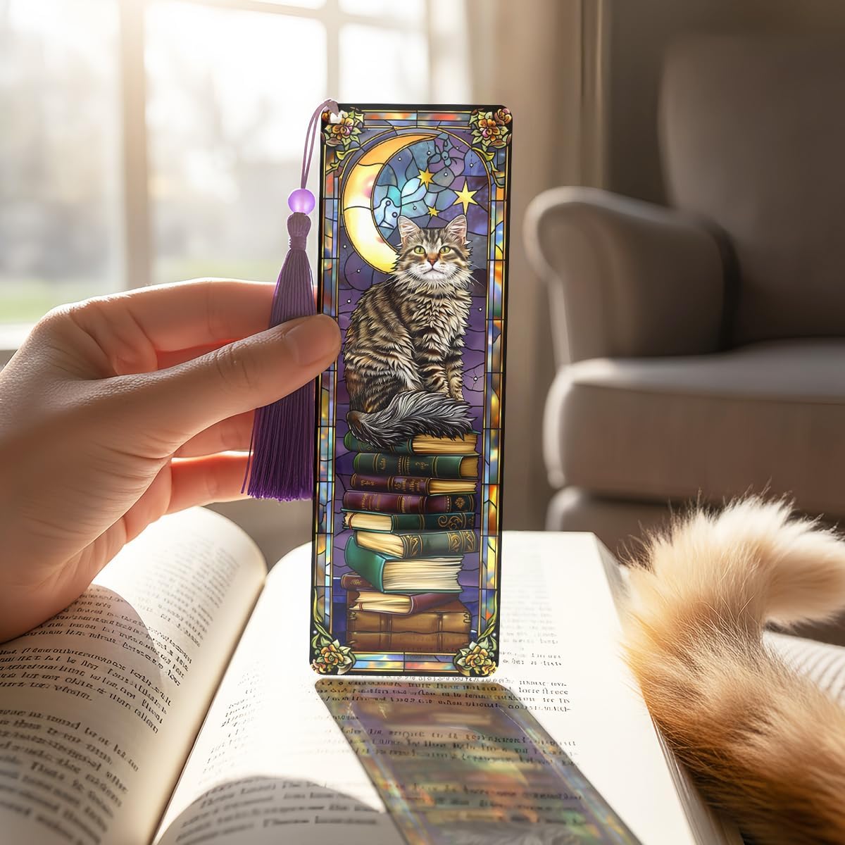 4 Pcs Fantasy Animal Bookmarks Gifts for Reading Women, Stained Glass Transparent PVC Book Marks with Tassels, Cute Black Cat Design Gift, Cool Book Accessories for Book Lovers Bookish