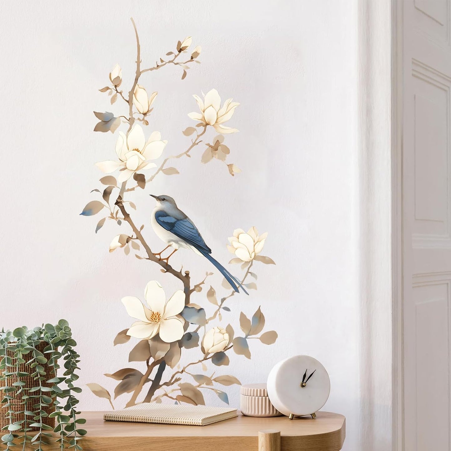 Chinese Flowering Tree Branches Bird Wall Stickers for Living Room Plants Wall Decal Peel and Stick Wall Art Home Decor Decoration for Bedroom Bathroom Classroom Library