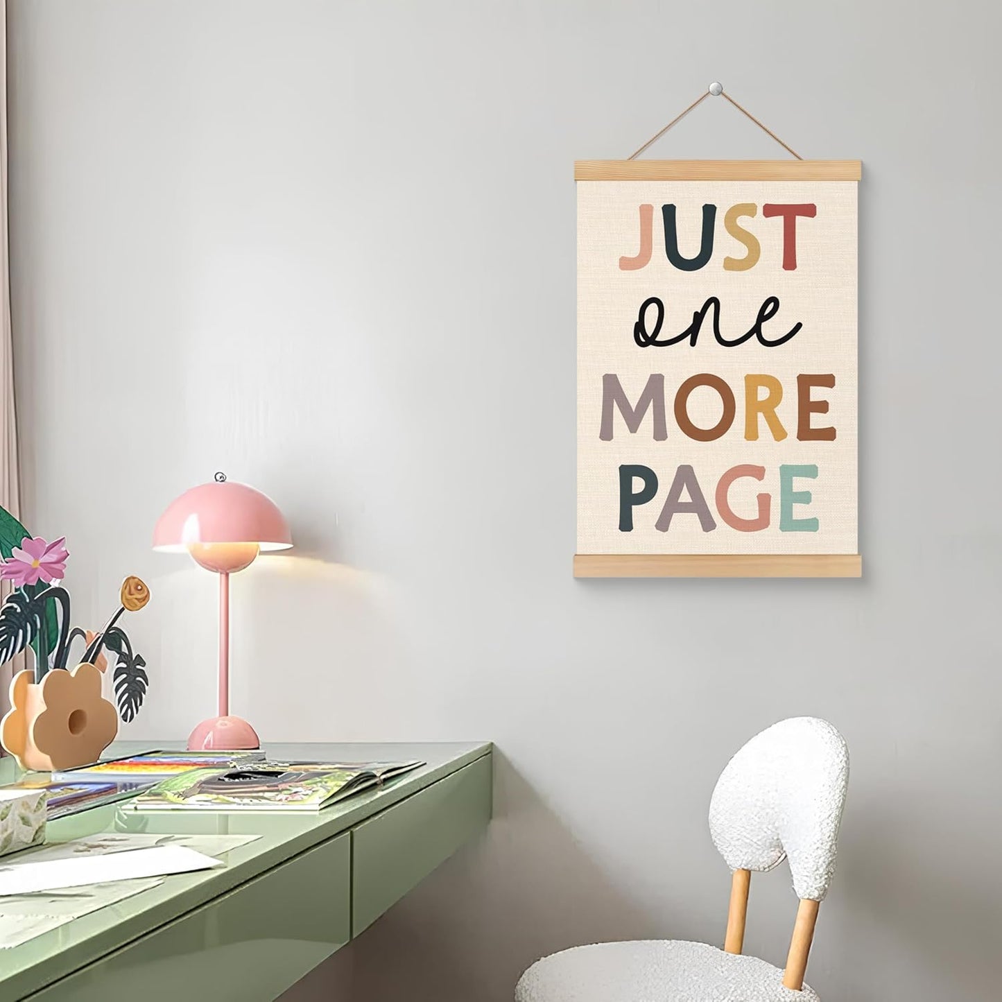 ROXMART Boho Book Reading Poster Hanger Frame, Reading Corner Nook Room Library Decor, Just One More Page Bookish Wall Art Prints Decor for Classroom Homeschool Library Kids Room, 12x16 Inch