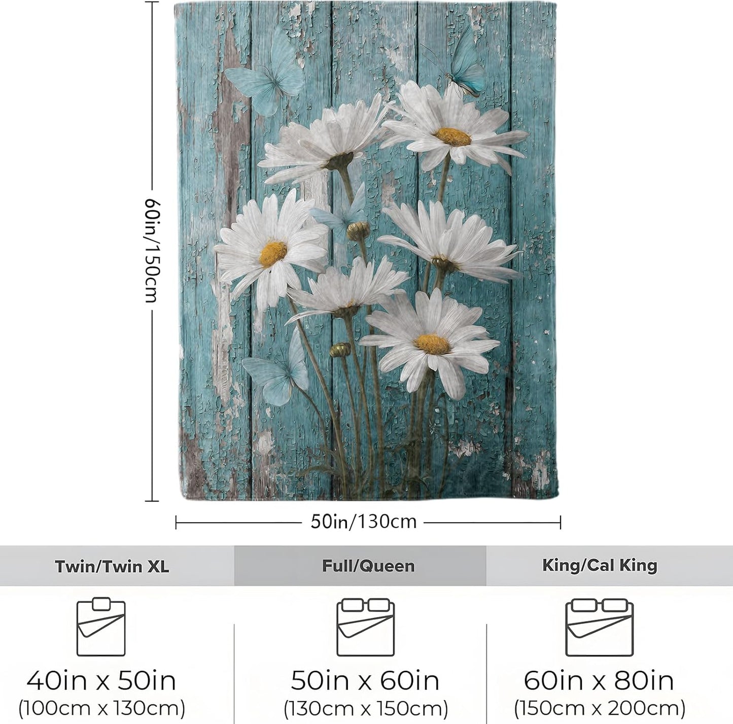 Daisy Flower Blanket, Soft Cozy Lightweight Rustic Blue Wood Background Throw Blanket for Women Girls Mom, Sofa Couch Bed 50x60 Inch Flannel Farmhouse Floral Blankets for Travel Decor Gifts