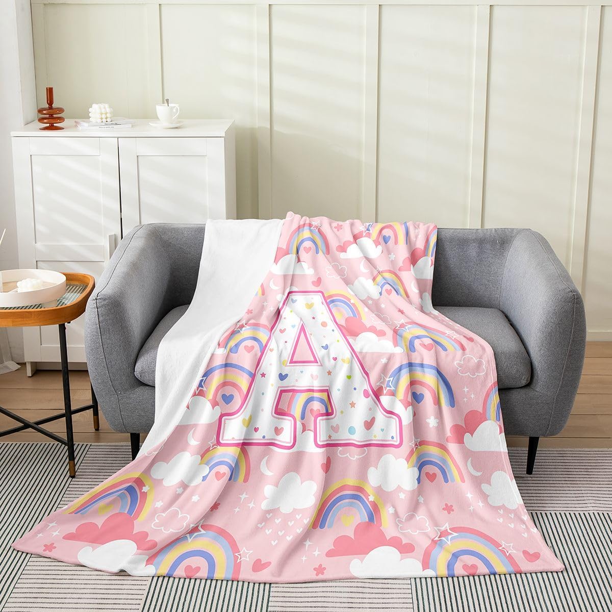 Manfei Cartoon Rainbow Clouds Print Flannel Blanket Cute Letter A Throw Blanket Kawai Girly Pink Cozy Throws for Bed Couch Sofa,Kids Boys Girls Room Decor,Soft and Breathable(50 x 60 Inches)