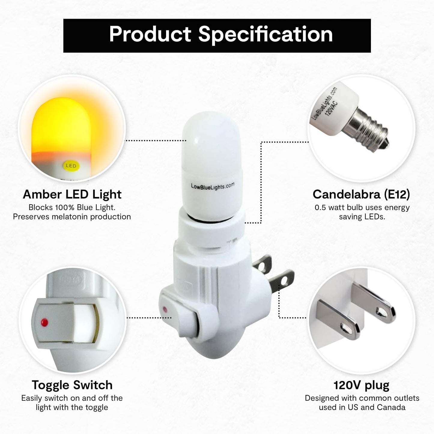 LowBlueLights Amber Night Light: 120V Plug-in LED Blocks 100% Blue Light for Sleeping, Nursery and Preserving Melatonin Production