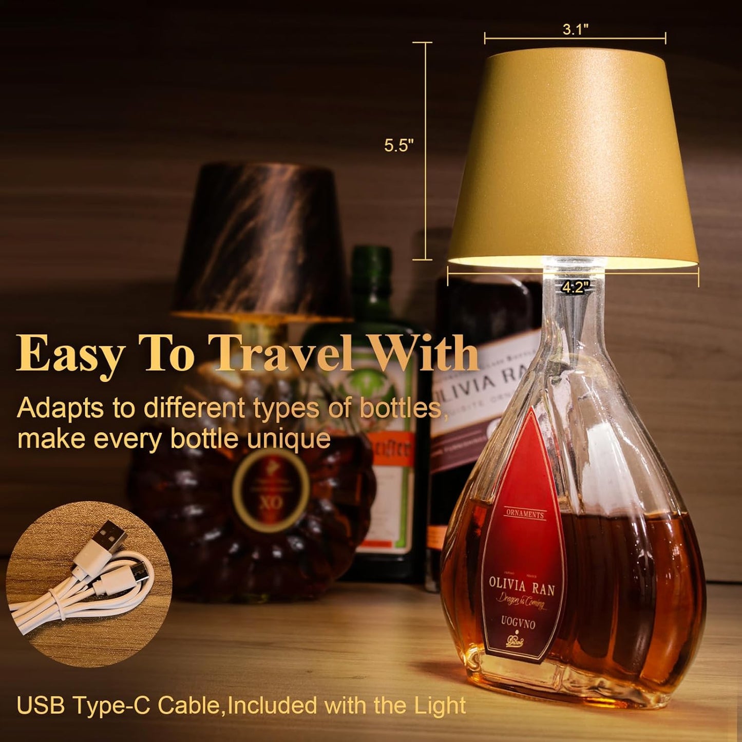 2 Pack Wine Bottle Lamps, 2026 New 3 Color Rechargeable Wireless Bottle Lamps, Bottle Lamp Kit for Liquor Bottles with Touch Dimming for Parties, Restaurants & Home Decor (‌Golden)