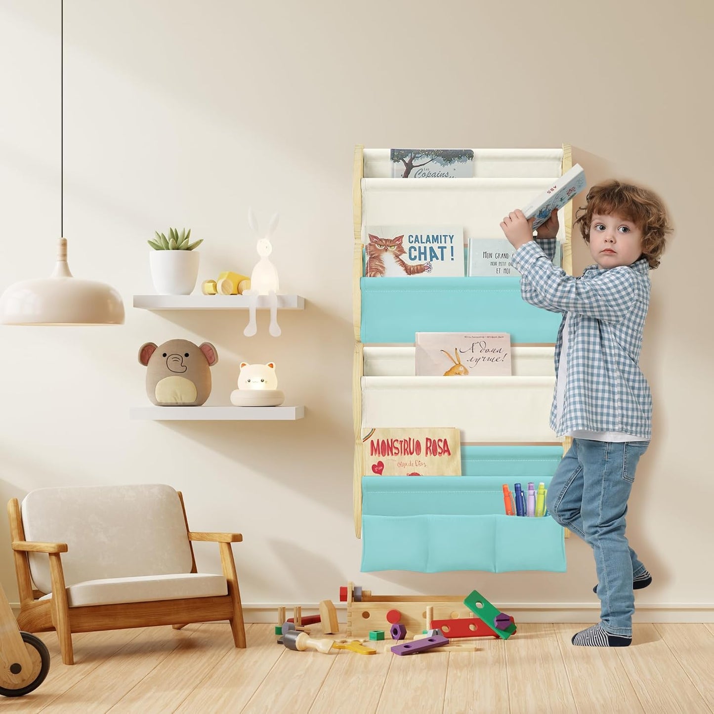 Wooden Wall Mounted Bookshelf for Kids Rooms, 4 Tier Floating Nursery Book Shelf, Kids Bookshelf with 2 Pockets, Toddler Sling Book Rack with Deep Sleeves (Blue)