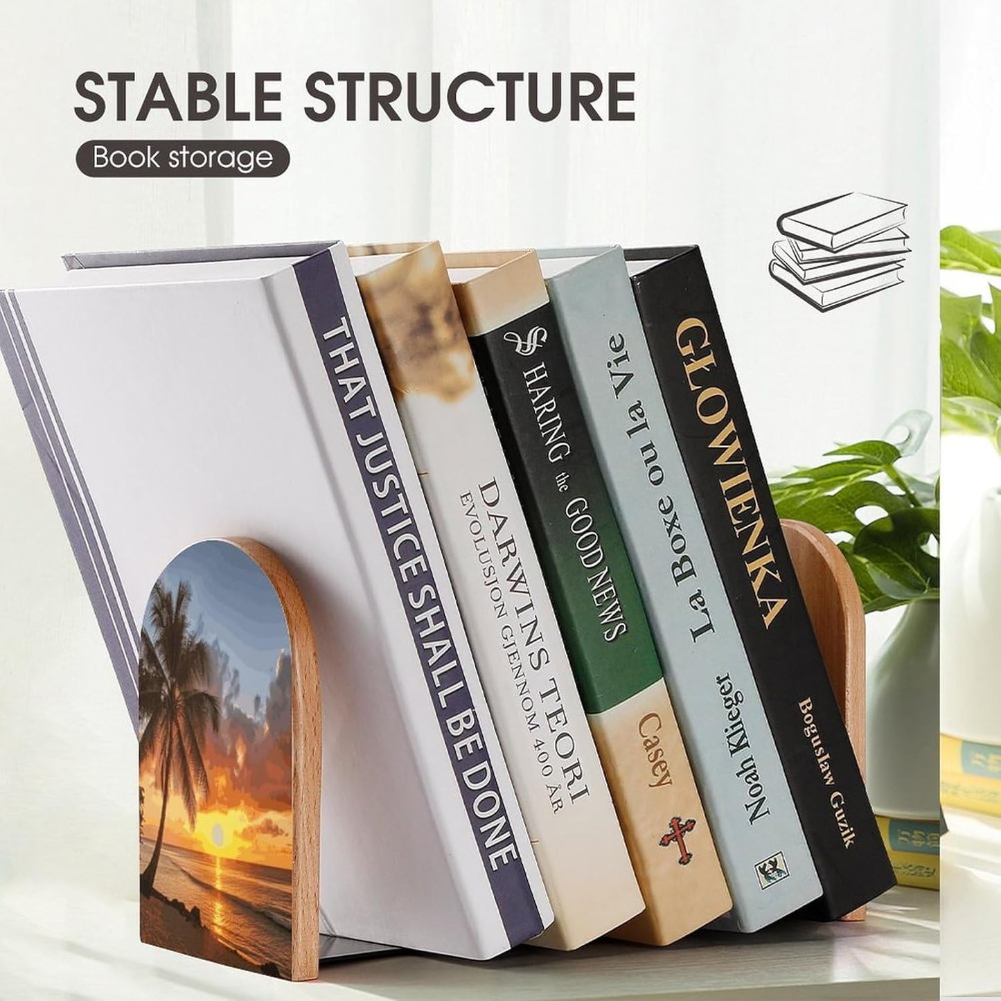Sunset Hawaiian Palm Tree Bookends 1 Pair Heavy Duty Book Ends for Shelves Non-Skid Bookend Supports Wooden Book Holders with Metal Base Desk Organizers Books Storage to Hold Books