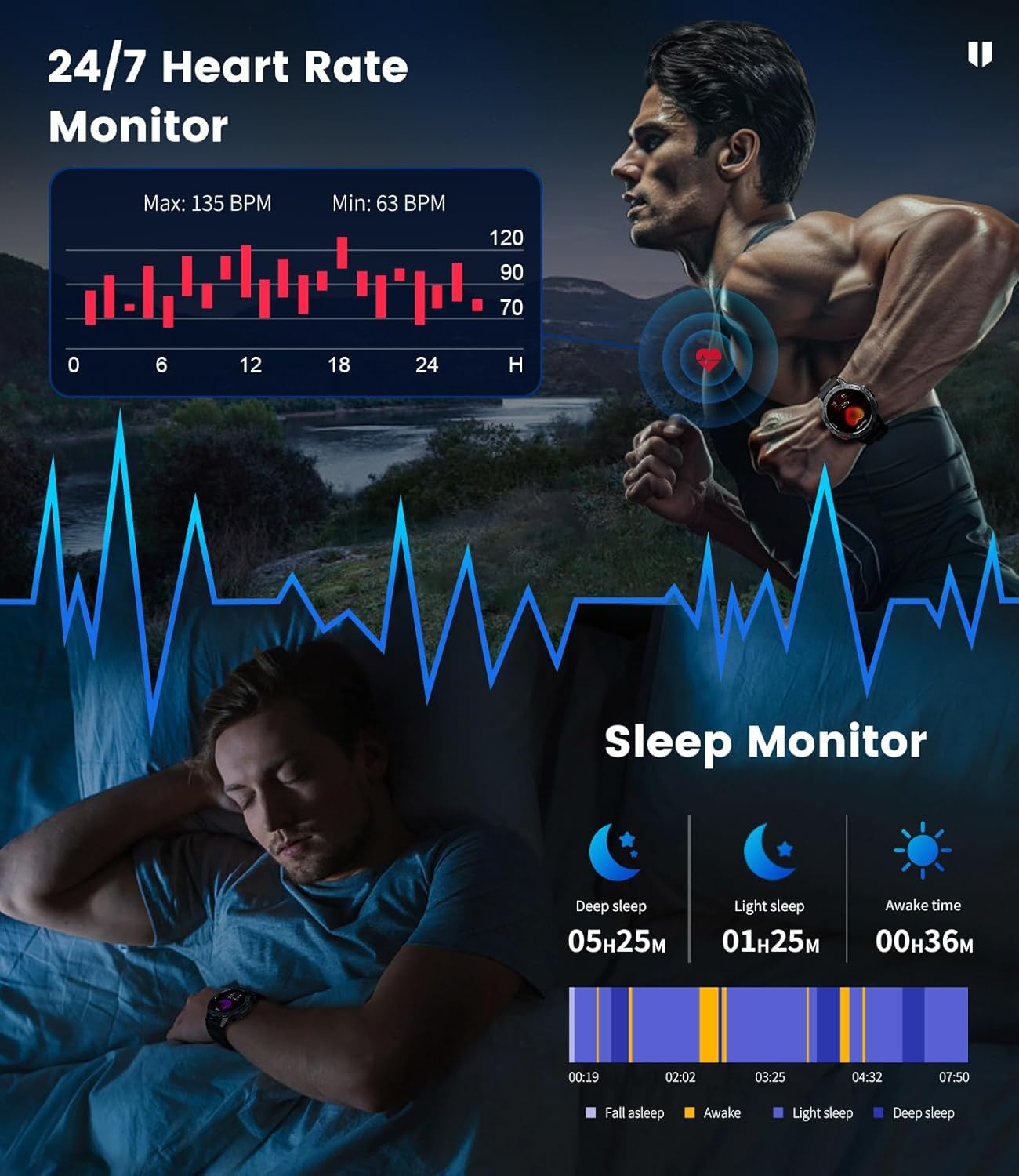 LIGE 1.43" AMOLED Smart Watch for Men with Flashlight, Bluetooth Calling, 100+ Sport Modes, 530mAh, IP68 Waterproof Fitness Tracker for Workout, iOS Android Compatible, Black Steel Leather