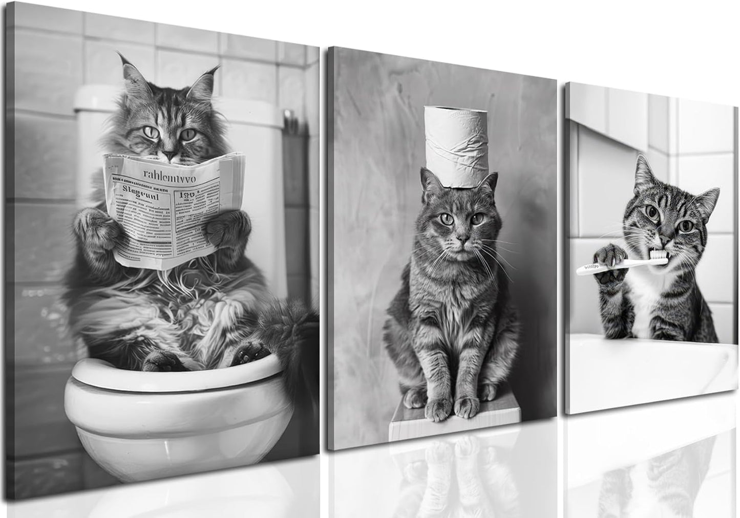 Framed Funny Black and White Cat Bathroom Wall Art Set of 3, Cute Cat on Toilet Pictures Wall Decor Paintings, Humor Animal Toilet Signs Canvas Prints for Bathroom Restroom 16x24 inch