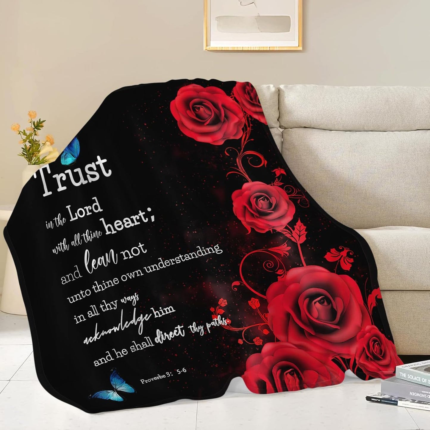 Christian Bible Verse Blanket Red Rose Inspirational Scripture Throw Blanket Religious Spiritual Gifts for Girls Boys Kids Adults Women Men Soft Cozy Plush Fuzzy Fleece Blanket Decor 40''X50''