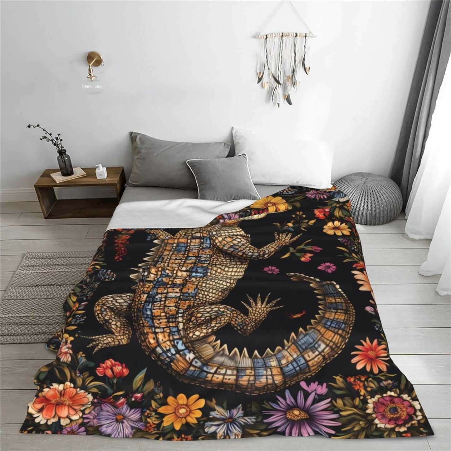 Alligator Blanket for Kids Men Adults, Soft Lightweight Flannel Animal Floral Alligator Throw Blanket for Sofa Couch Bed Traveling Camping Alligator Gifts Idea, Plush Alligator Decor 50x60 inches
