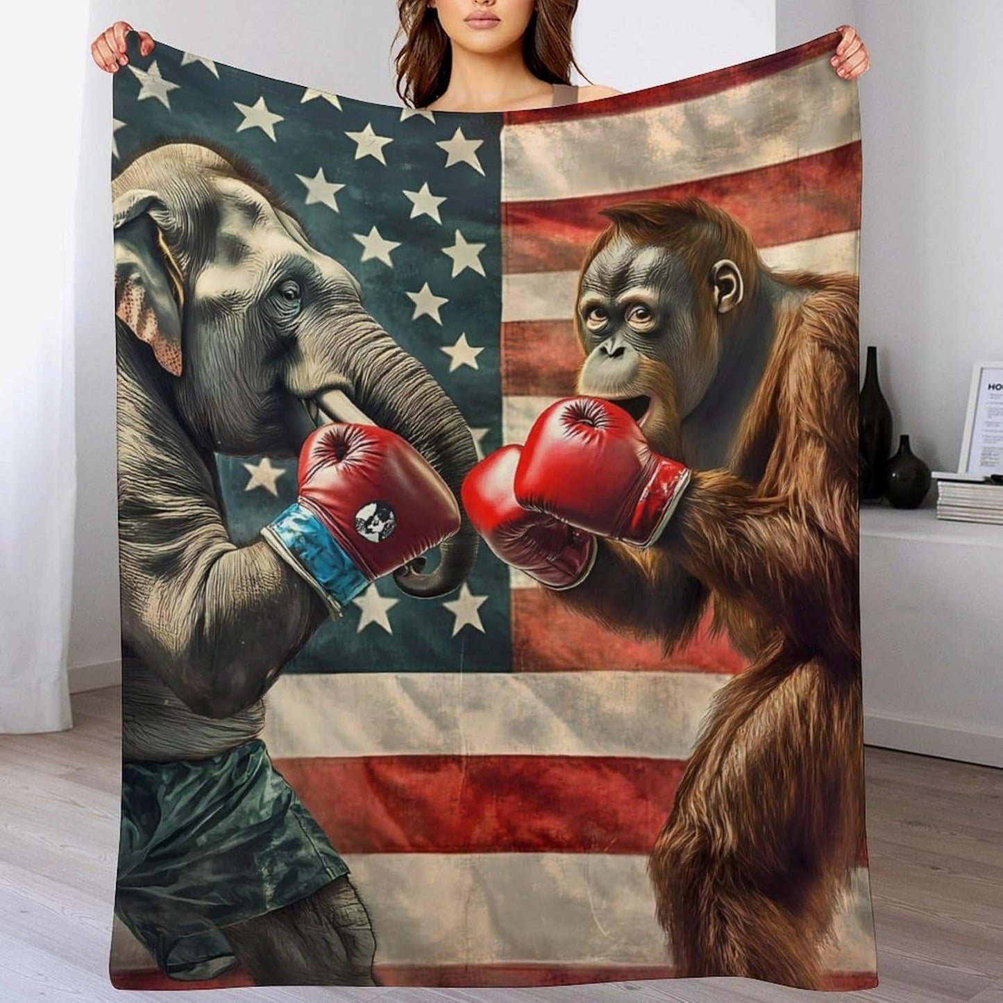 Elephants and Gorillas Funny Boxing Throw Blanket for Couch Bed Plush Cozy Fuzzy Flannel Blanket for All Season 30"x40"