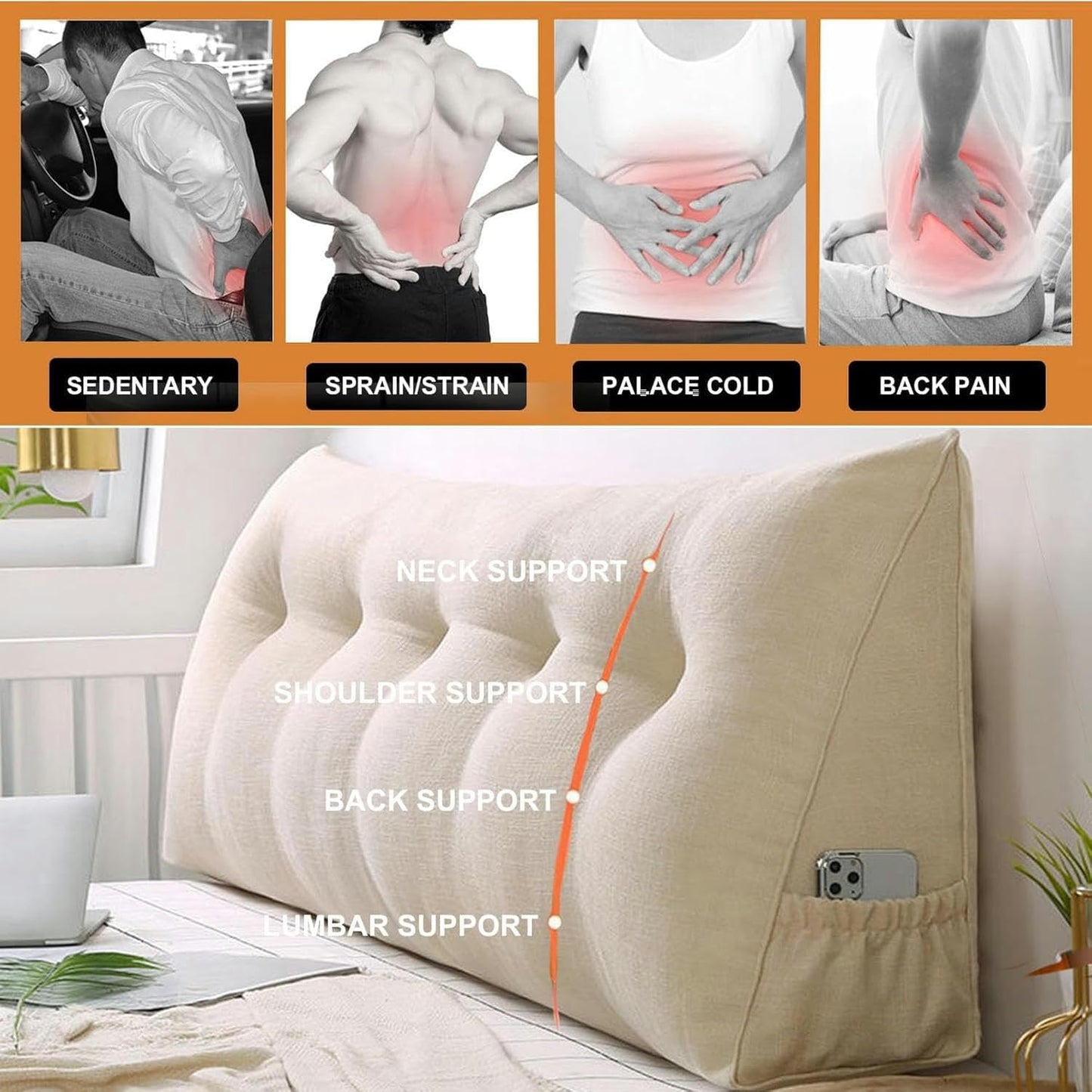 Large Triangular Headboard Pillow Wedge Reading Bed Rest Pillow Linen Cotton Bolster for Daybed Backrest Positioning Support Cushion with Removable Cover