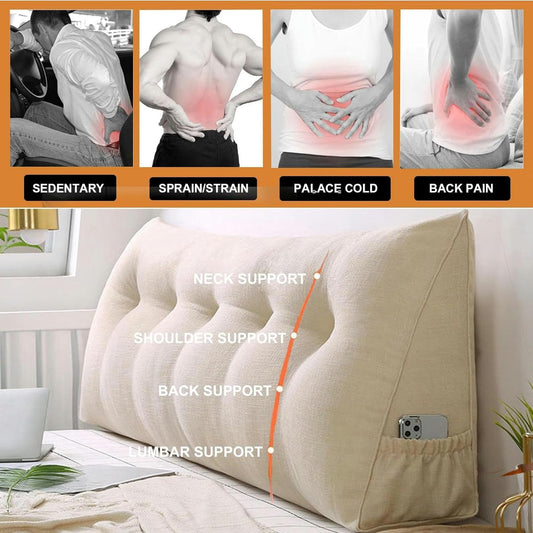 Large Triangular Headboard Pillow Wedge Reading Bed Rest Pillow Linen Cotton Bolster for Daybed Backrest Positioning Support Cushion with Removable Cover