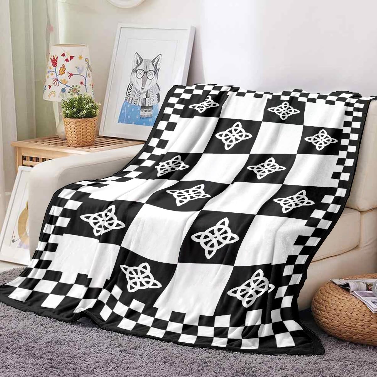 NIGHTCRUZ Witch Knot Throw Blanket, Black and White Checkered Pattern, Celtic Knot Decorative Blanket for Sofa and Couch (60" x 50")