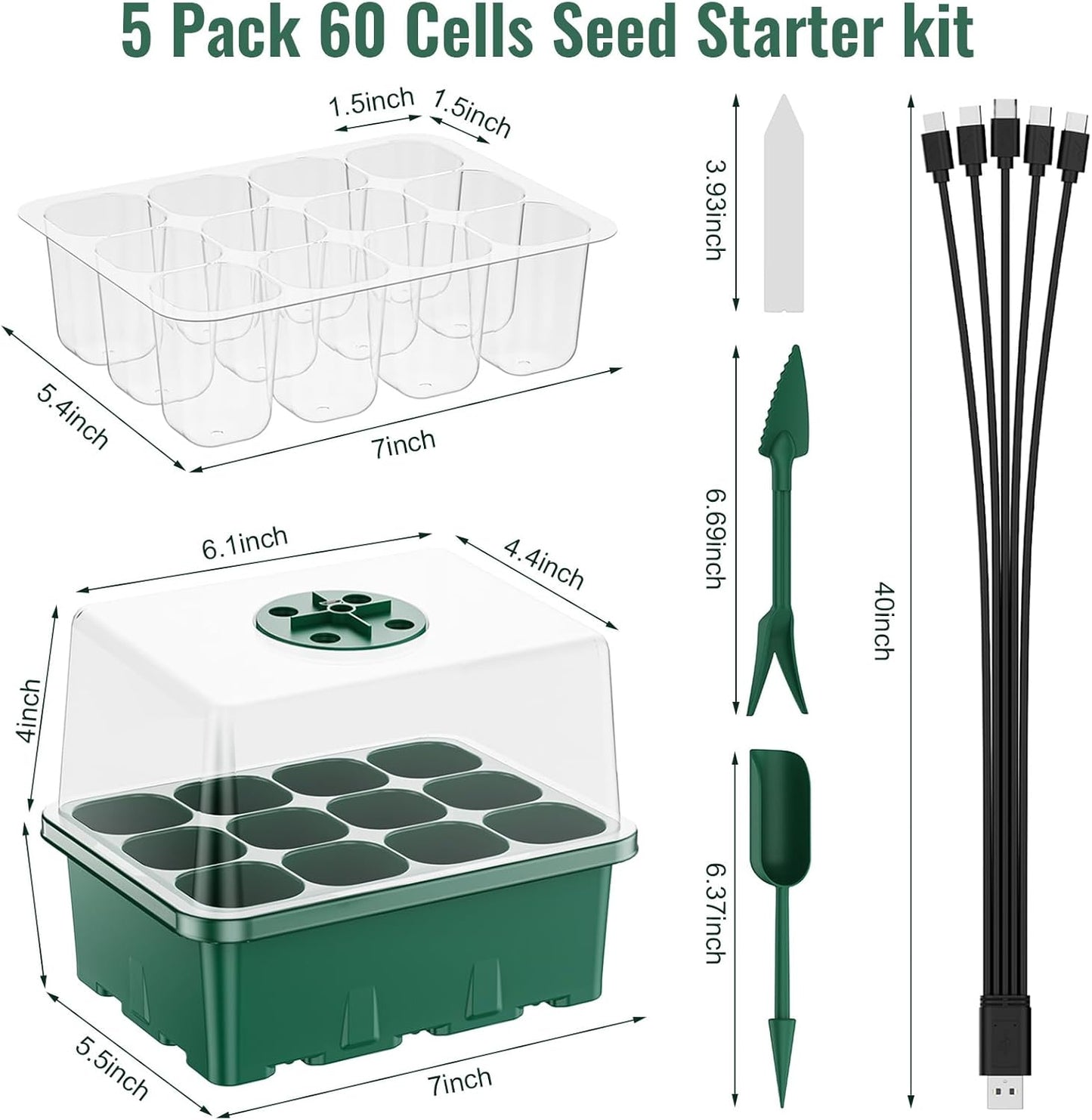 NBPLUS Seed Starter Tray with Grow Light, 5 Pack 60 Cells Seed Starter kit with Humidity Dome and Base, Plant Seedling Trays Indoor Greenhouse Gardening (Green 5 Pack)