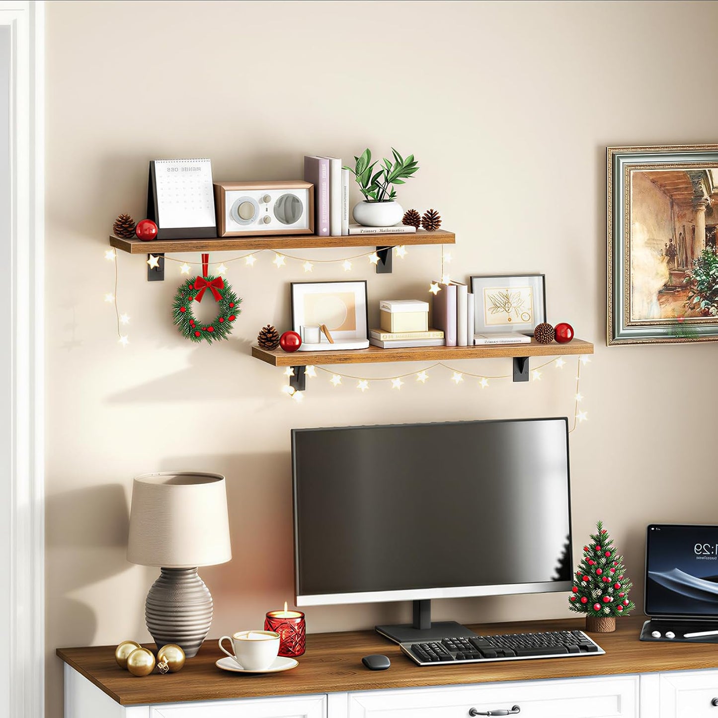 HOOBRO Floating Shelves for Wall, 23.6" Wall Mounted Shelves Set of 2, Hanging Storage Shelf with Metal Brackets, Wooden Shelf for Living Room, Bedroom, Bathroom, Rustic Brown and Black BF62BJP201G1