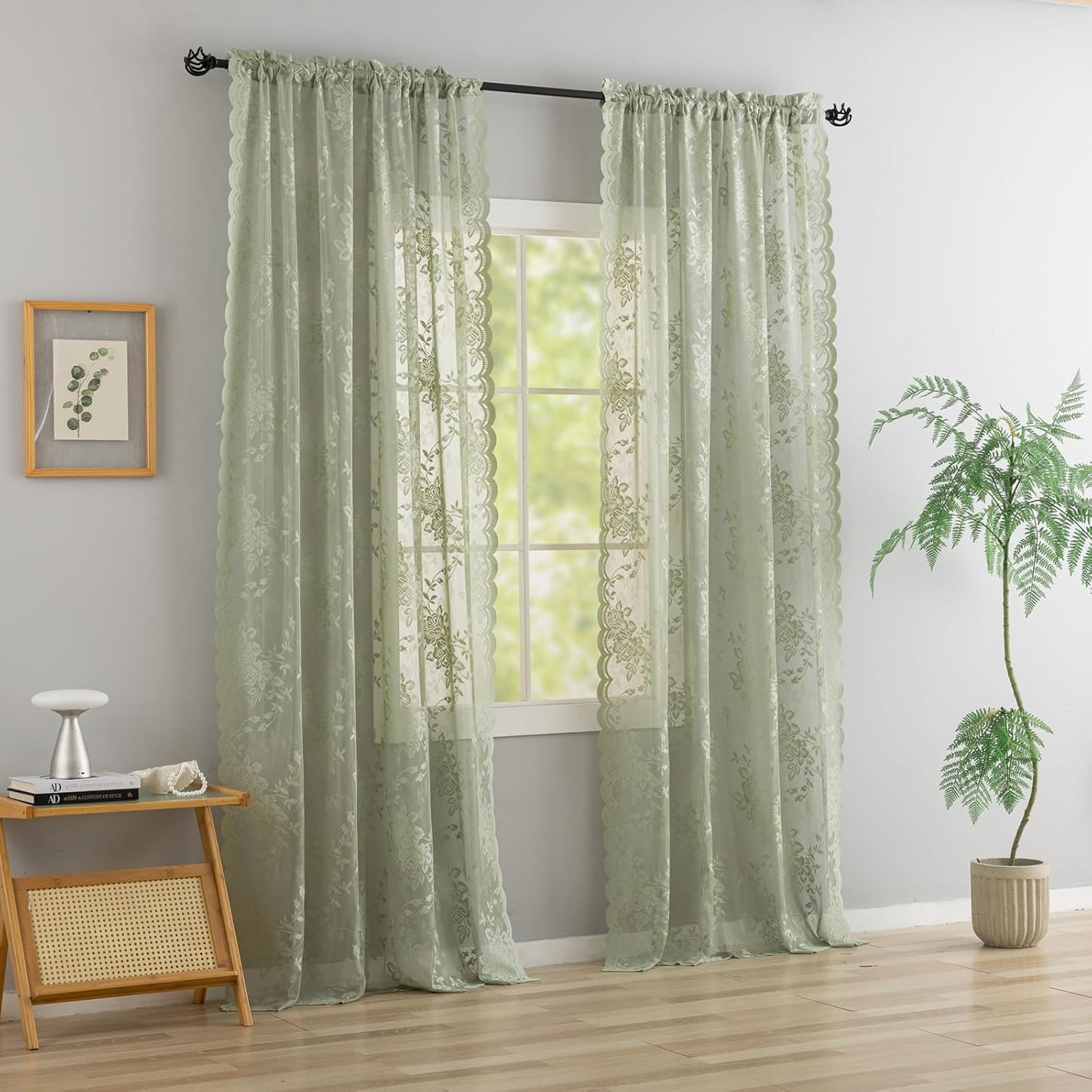 YJ YANJUN Sage Green Sheer Curtains 72 Inch Long 2 Panels Floral Patterned Boho Net Curtains Privacy Lace Gauze Curtain Panels for Boy Bedroom Room Divinding Closet Door 6 FT Length Light Sage